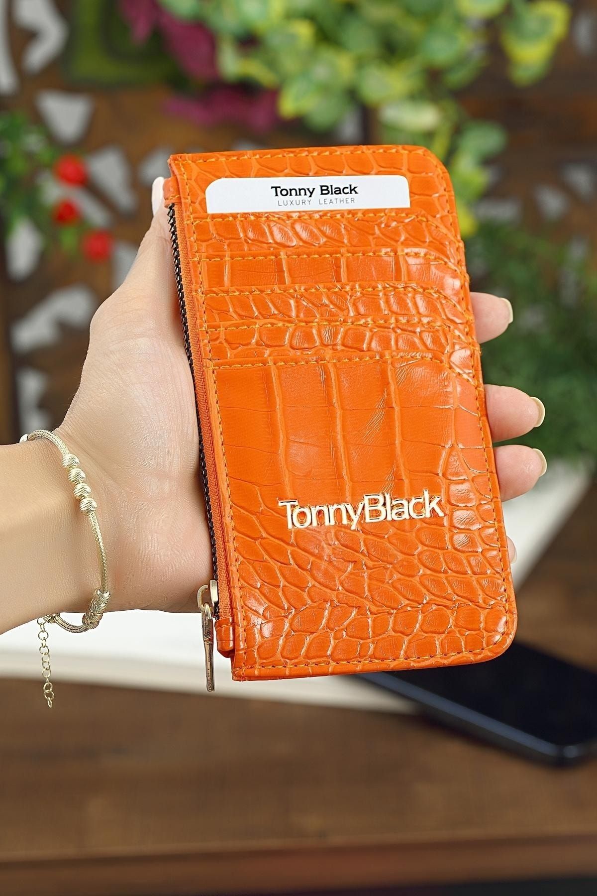 Tonny Black Orijinal Kadın Timsah Derisi Desenli Fermuarlı Kağıt Para Bölmeli Şık & Ince Croco Kartlık Turuncu