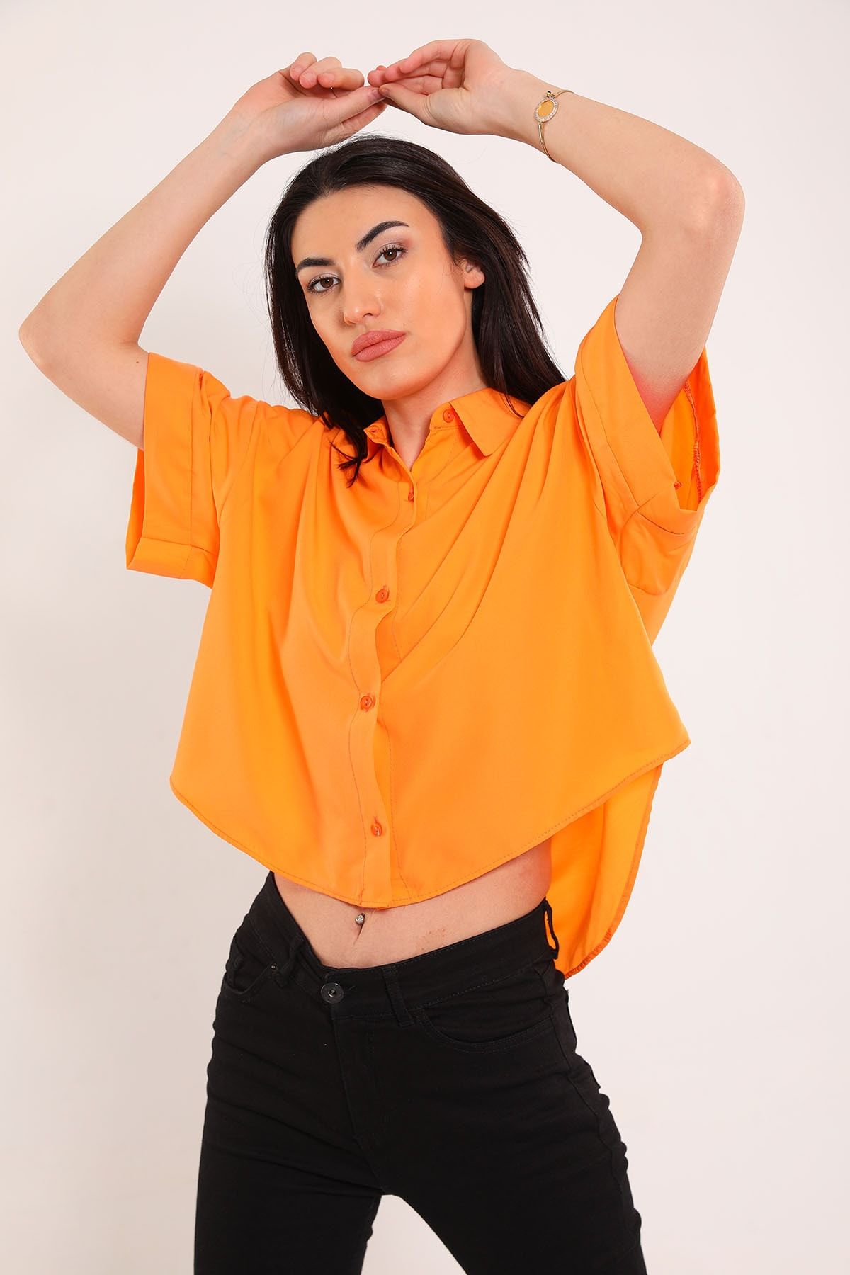 Julude Orange Kadın Kısa Kollu Salaş Crop Gömlek