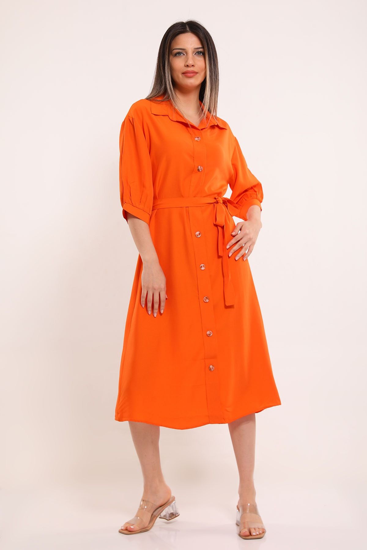 Julude Orange Kadın Boydan Düğmeli Bel Kuşak Detaylı Elbise