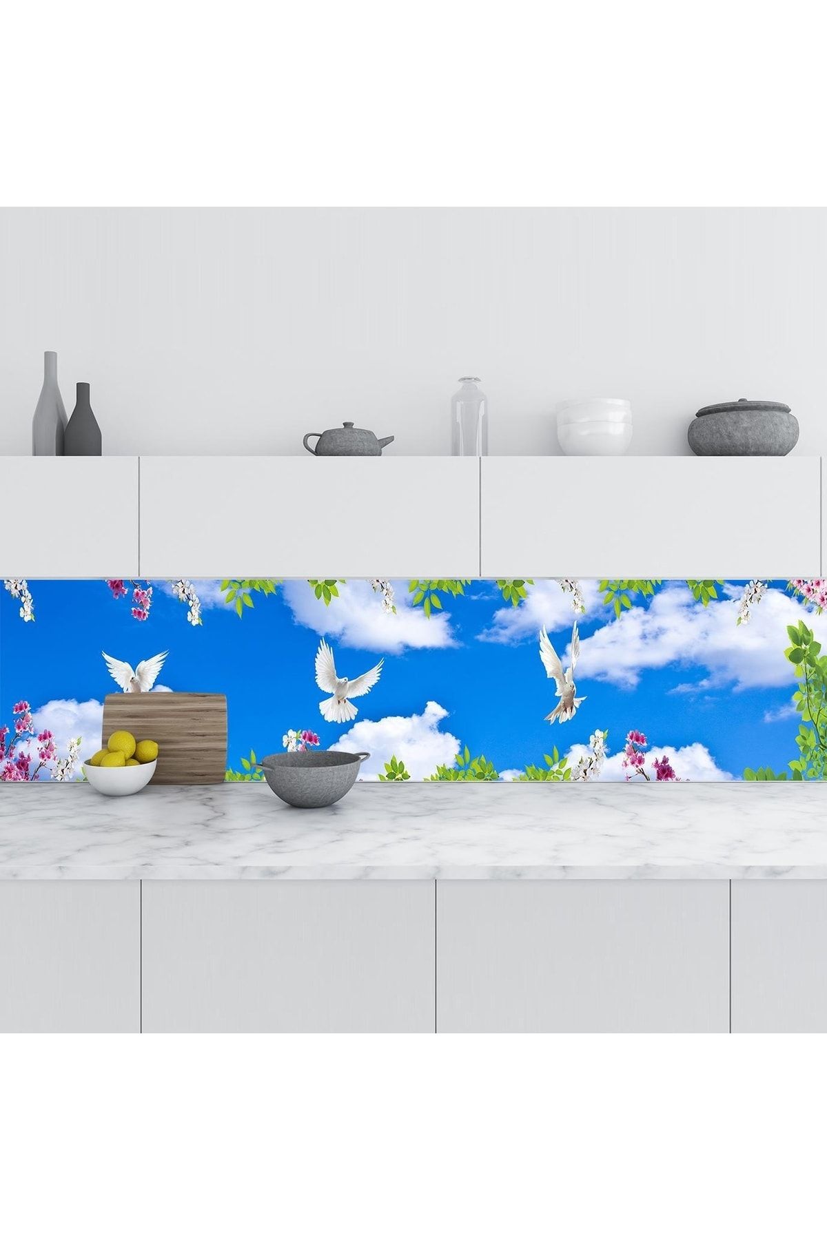 StickerArt Mutfak Tezgah Arası Folyo Fayans Kaplama Folyosu Gökyüzü Çiçekler 60x300 cm