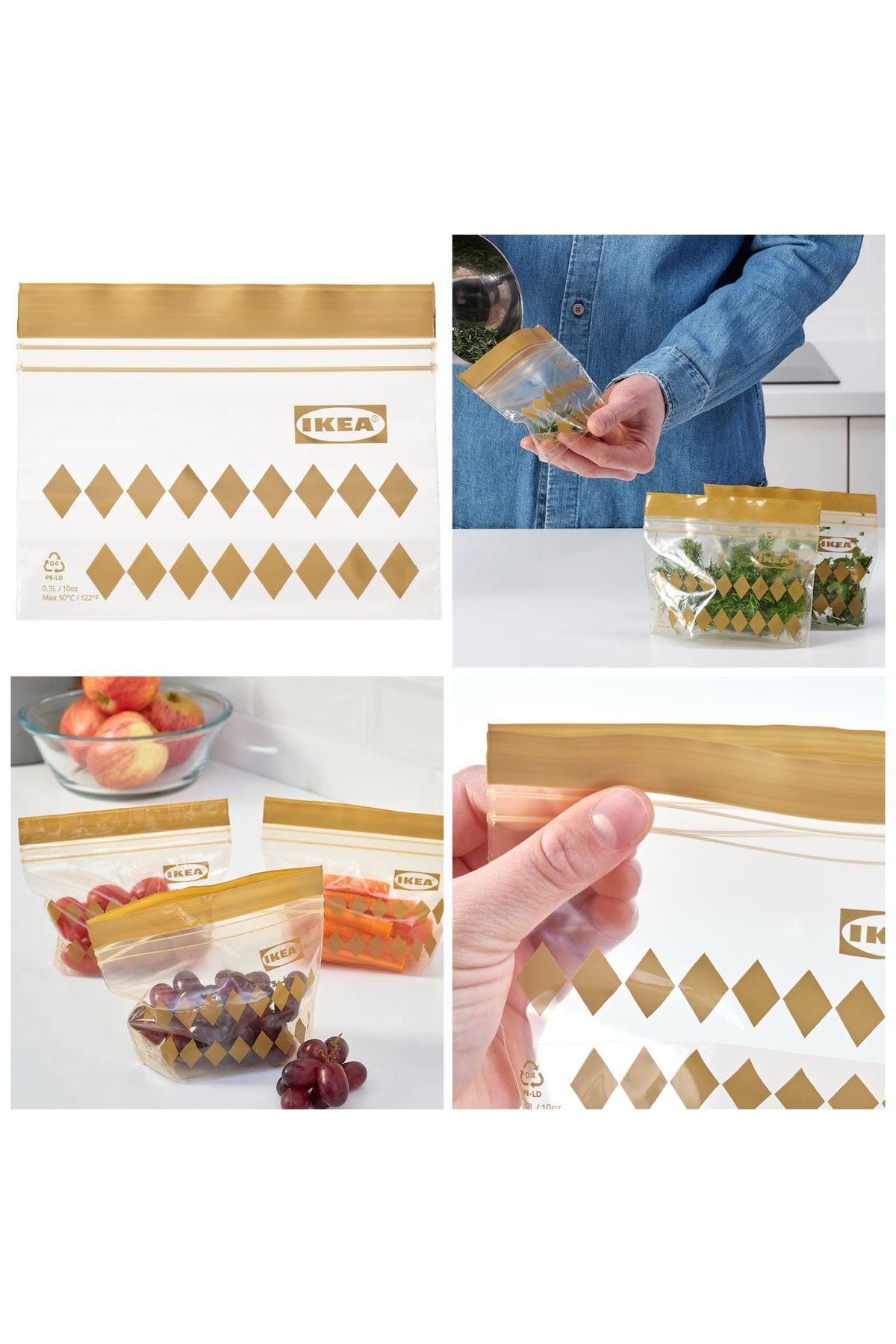 IKEA Istad 0,3 Lt 8 X14 Cm Altın Baklava Desen 25 Adet Kilitli Buzdolabı Poşeti Saklama Torbası