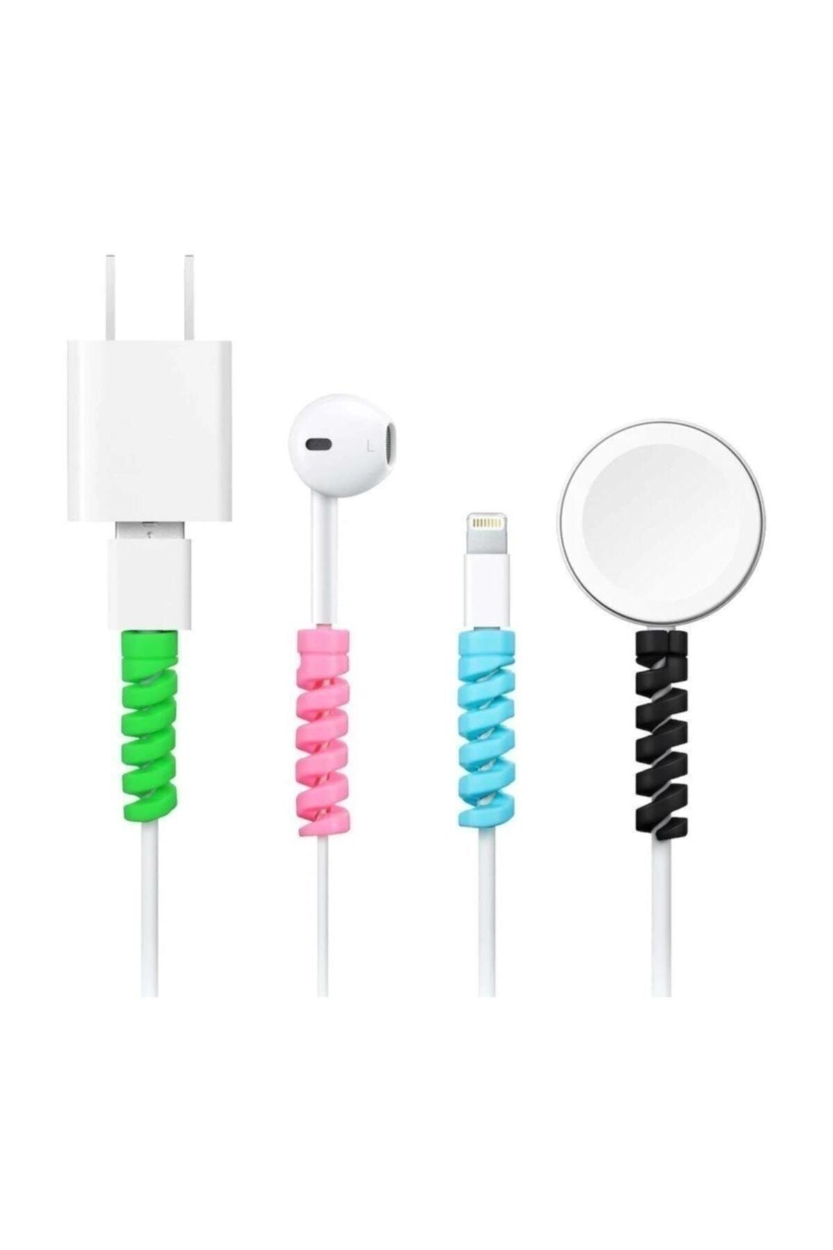 Deppo Trend Spiral Kablo Koruyucu Silikon Set Şarj Kulaklık Kablosu Renkli Koruyucu Kutulu 4 Adet Kablo Koruma