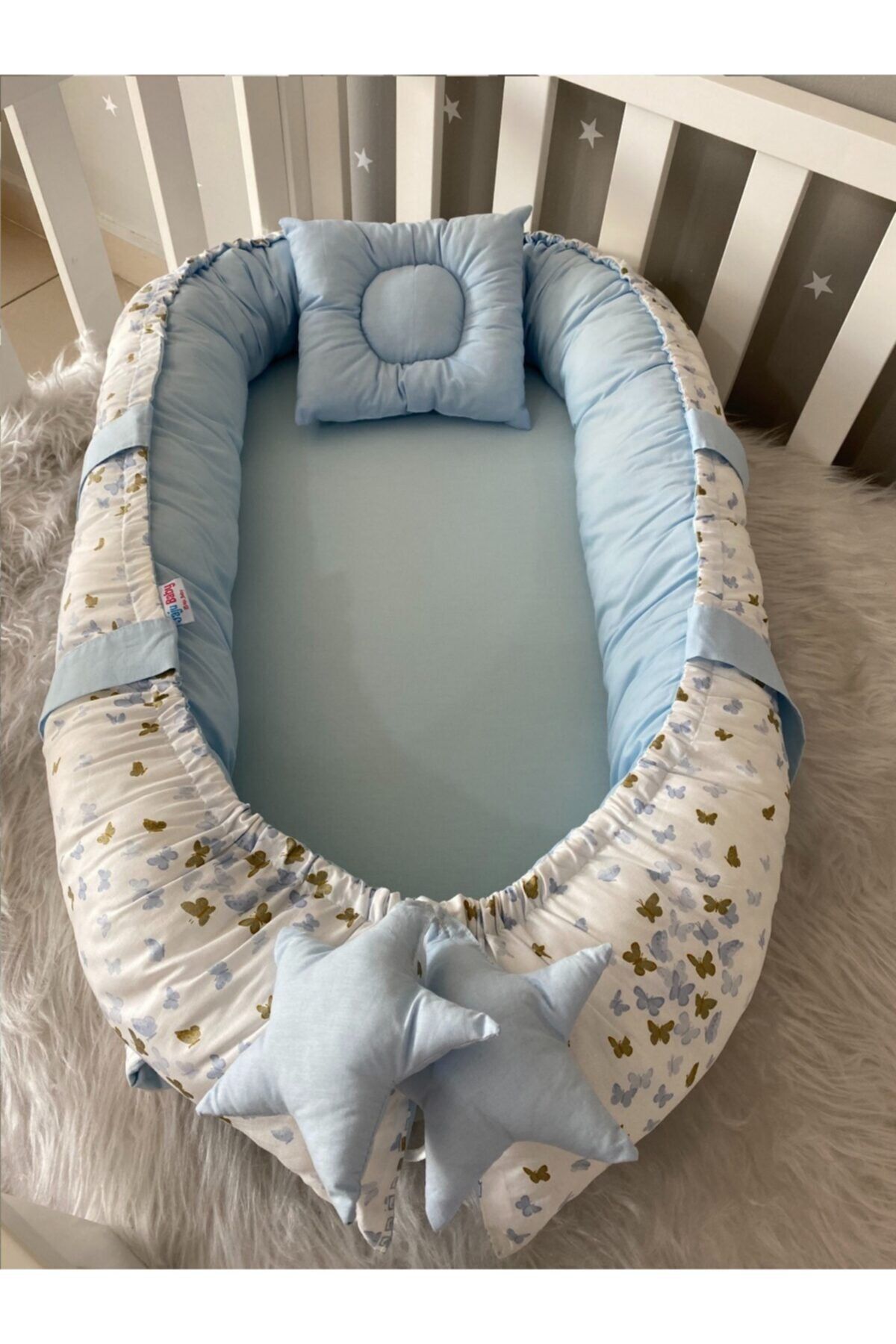 Jaju Baby Nest Mavi Kelebek Desenli Lüx Tasarım Jaju-babynest Anne Yanı Bebek Yatağı