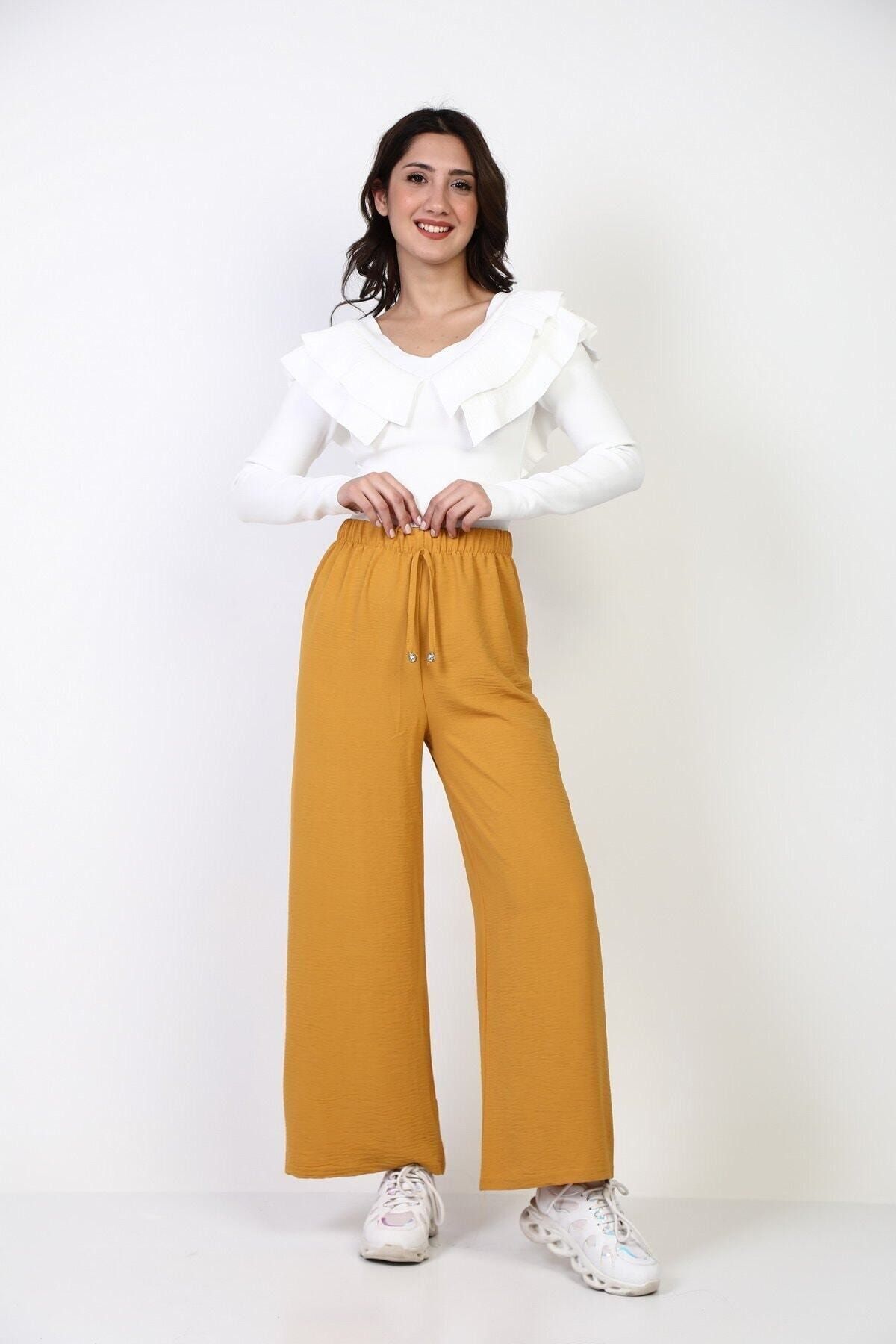 Moda Bu Kadın Hardal Beli Lastikli Bol Paça Salaş Yazlık Pantolon Aerobin-865829