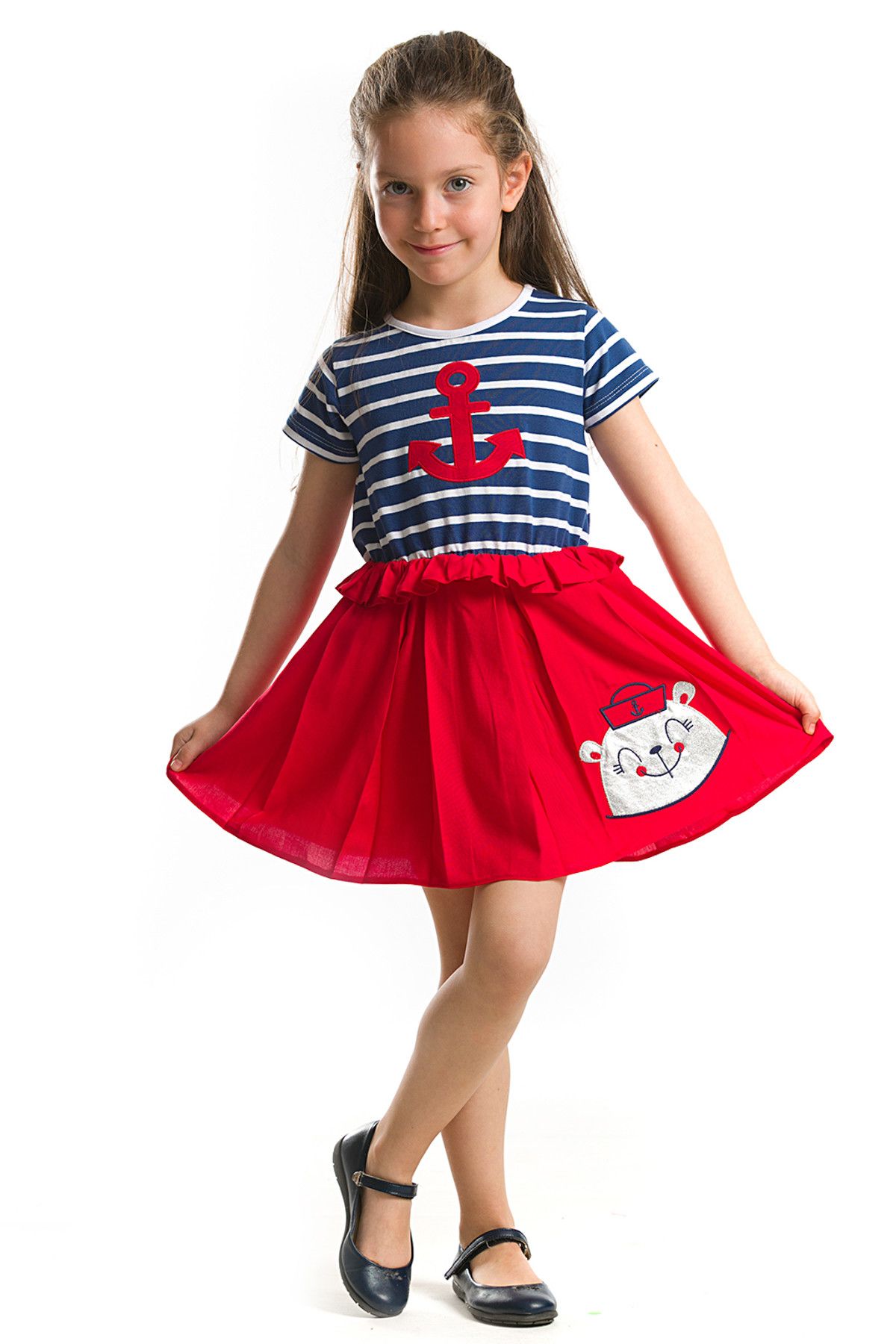 Denokids Kırmızı Mavi Kız Çocuk Ayı Miço Elbise CFF-18Y2-035