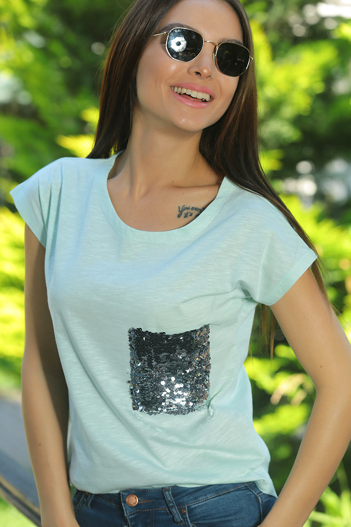 By Saygı Kadın Mint Cebi Pullu Penye T-Shirt S-18Y2890003