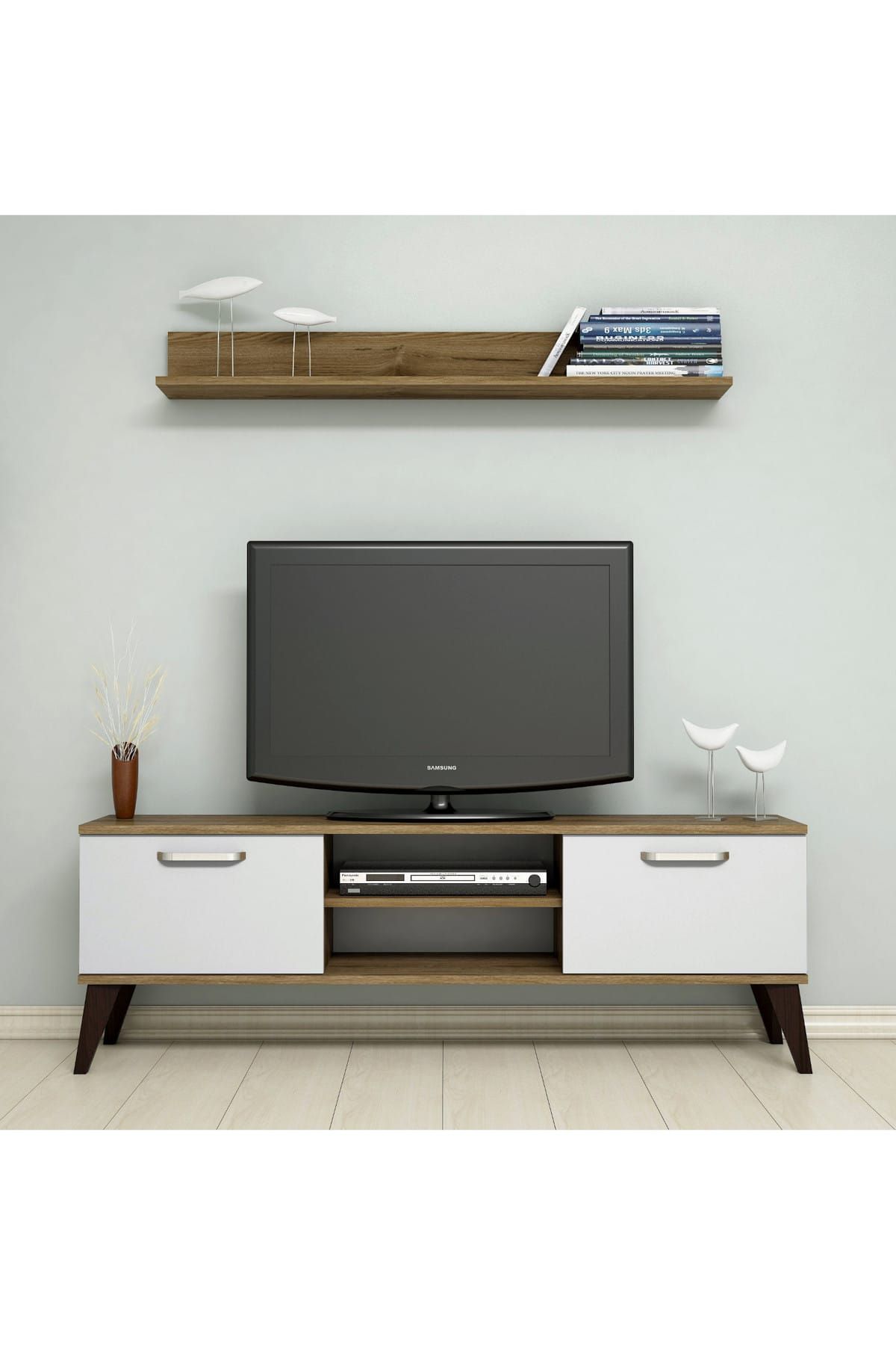Bimossa C1330 TV Ünitesi Duvar Raflı Tv Sehpası Ceviz Beyaz
