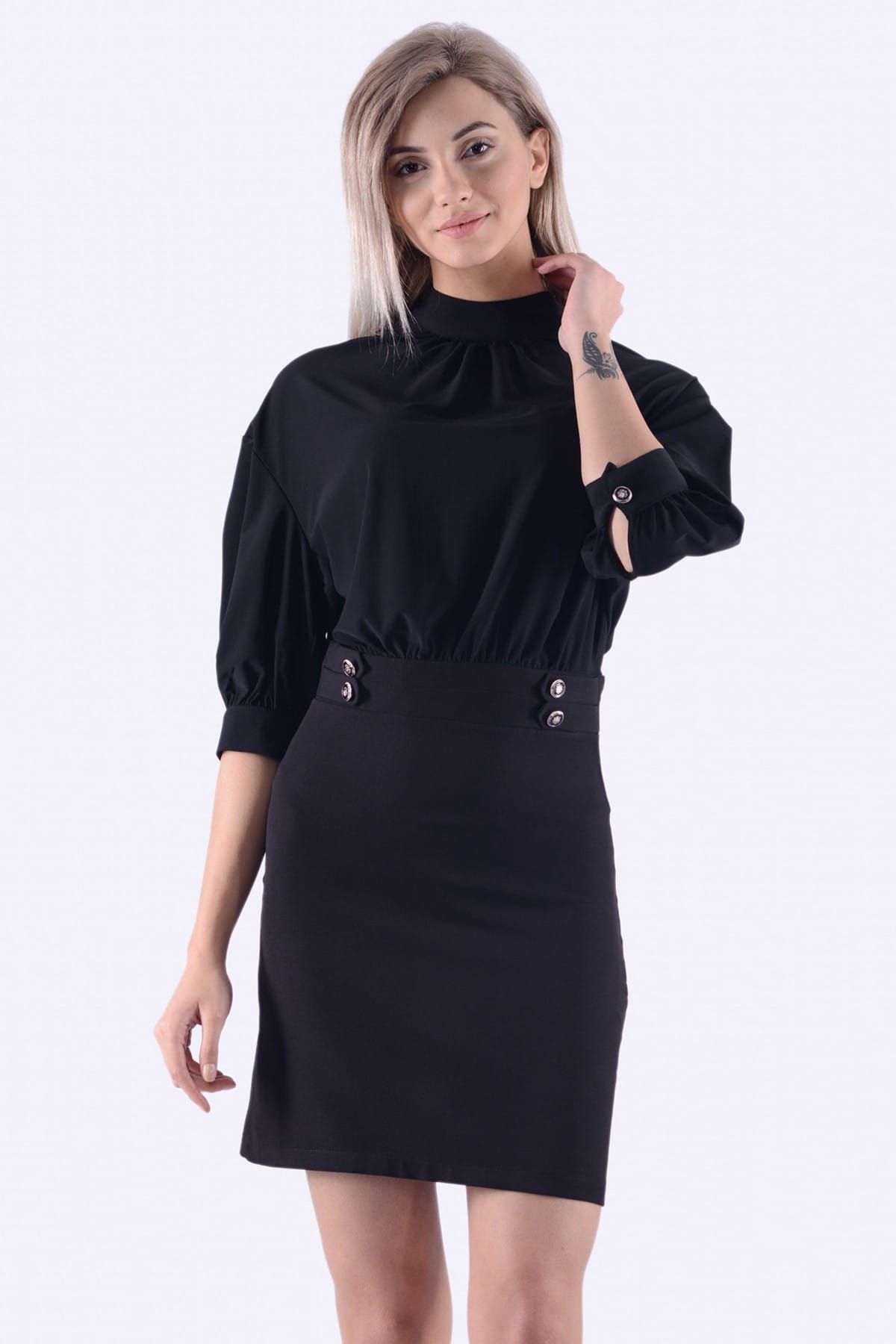 İroni Kadın Sıyah Balon Kol Mini Elbise 5232-284
