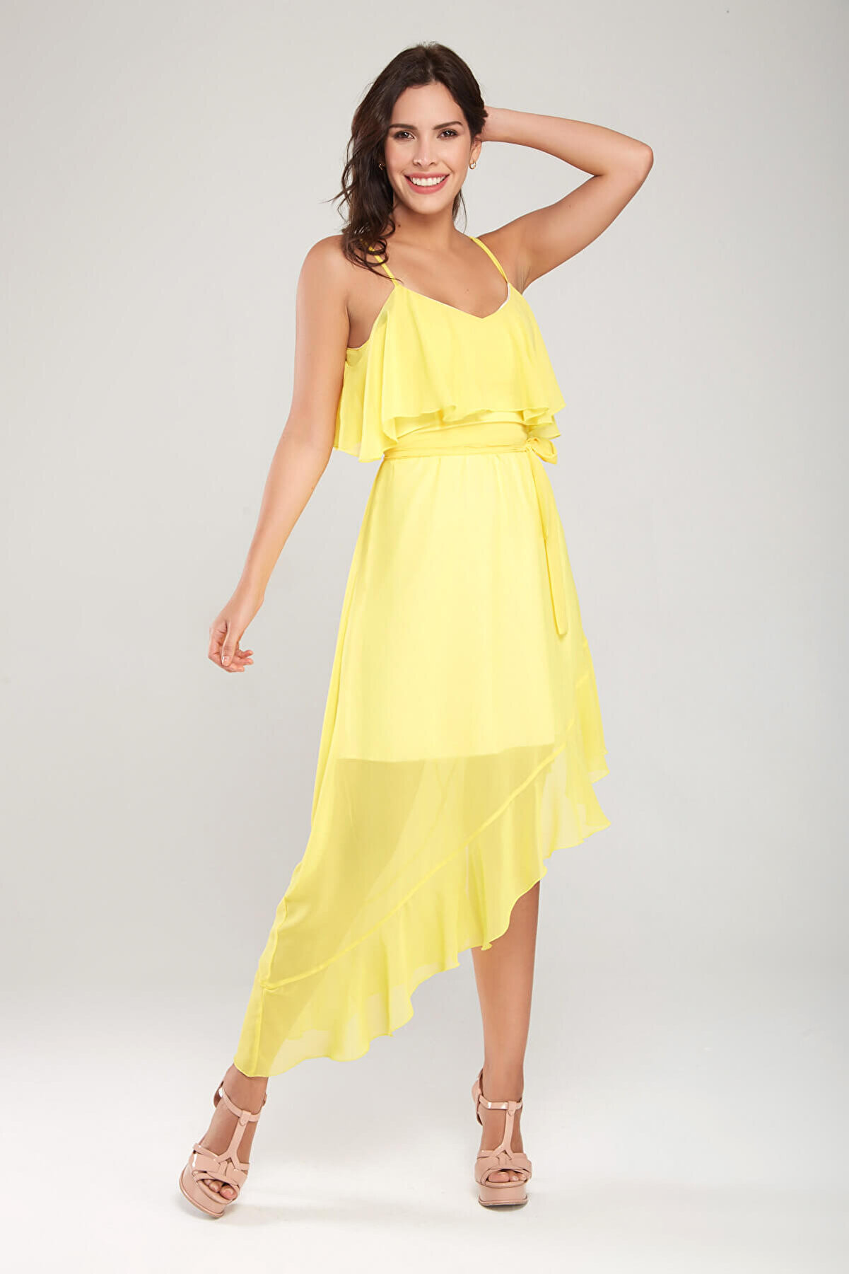 Laranor Kadın Sarı Volan Detaylı Asimetrik Kesim Şifon Elbise 17L5332