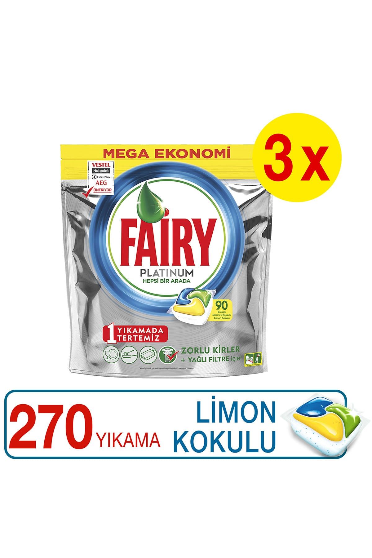 Fairy Platinum Bulaşık Makinesi Deterjanı Kapsülü Limon Kokulu 90*3 (270 Yıkama)