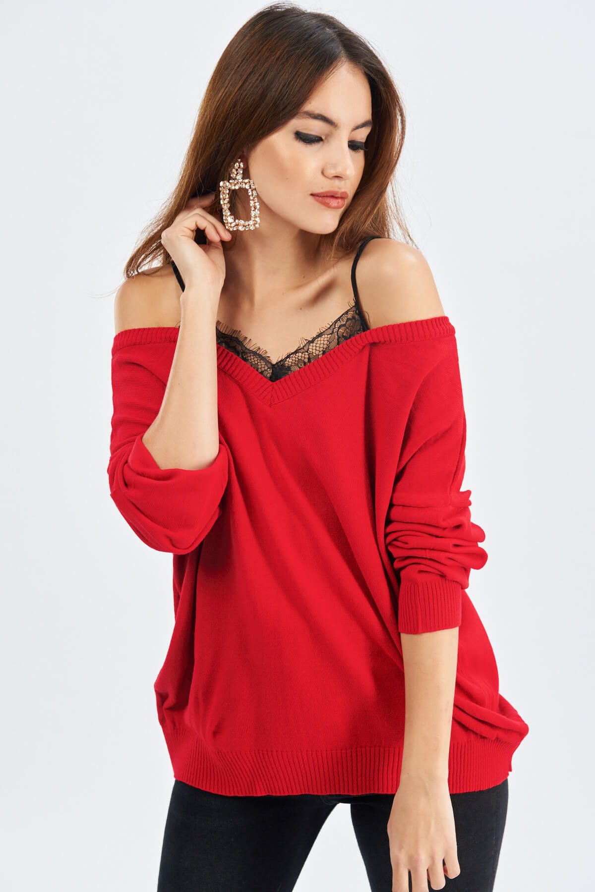 Cool & Sexy Kadın Kırmızı Dantel Yaka Bluz BF1820