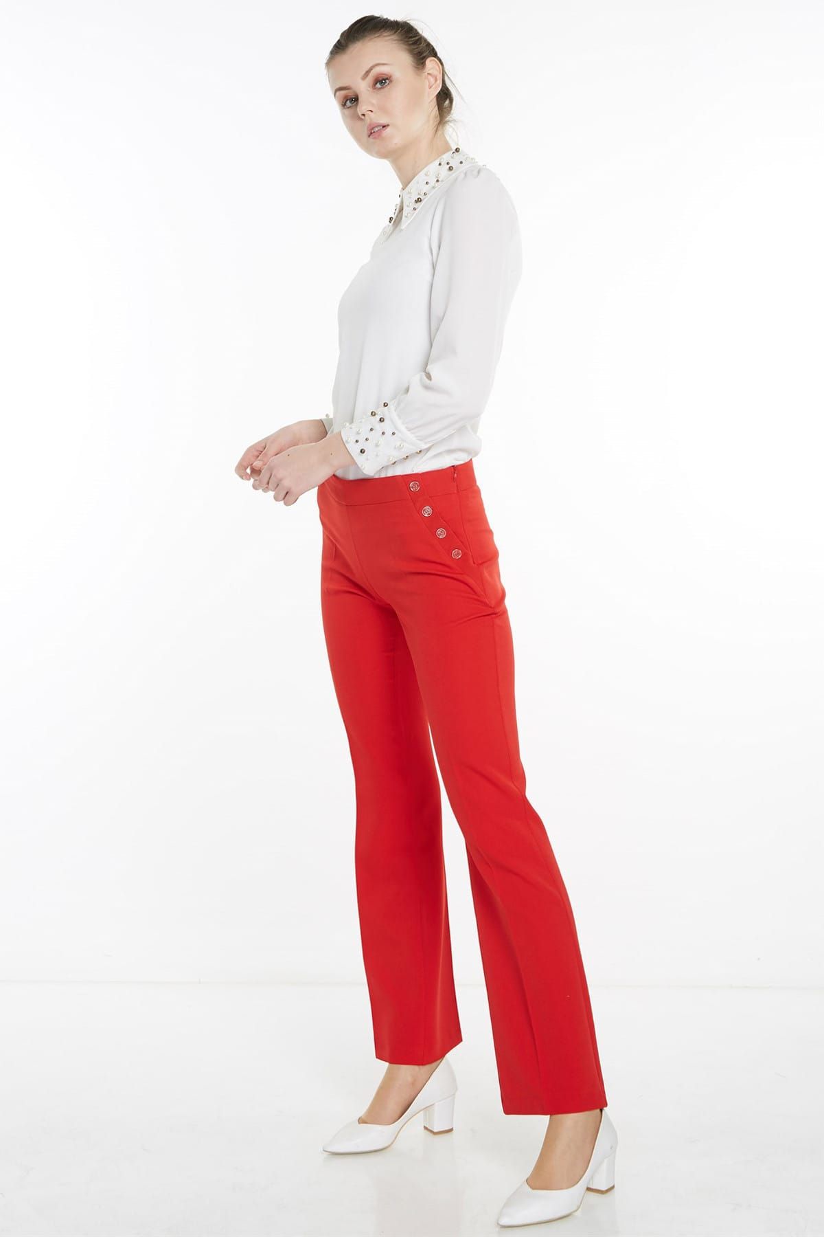 Nihan Kadın Kırmızı Düğme Detaylı Boru Paça Pantolon X3238