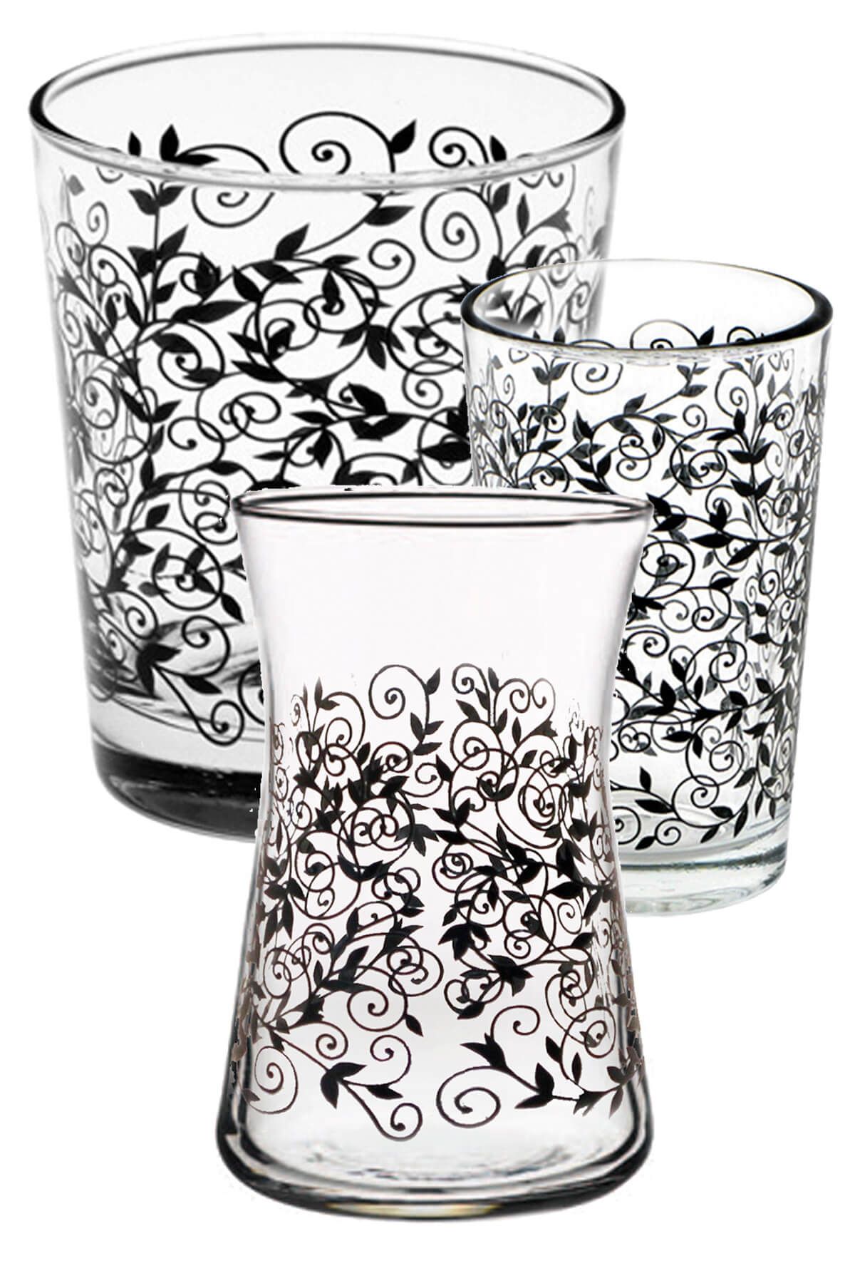 Joy Glass 18 Parça Siyah Şal Su Çay Kahveyanı Su Takımı  UPBND02246