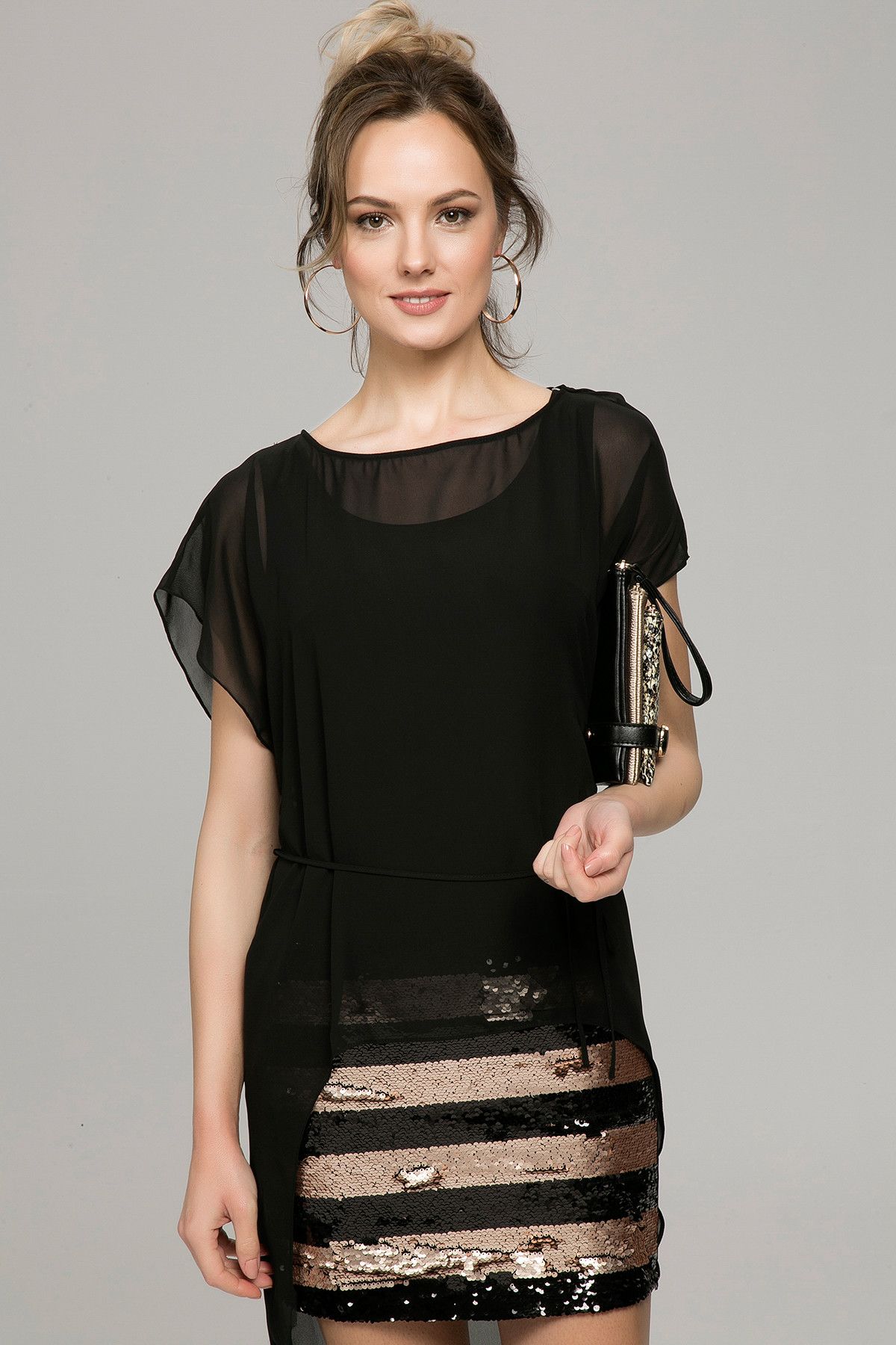 Y-London Kadın Siyah Gold Etek Payetli Elbise EX-520678