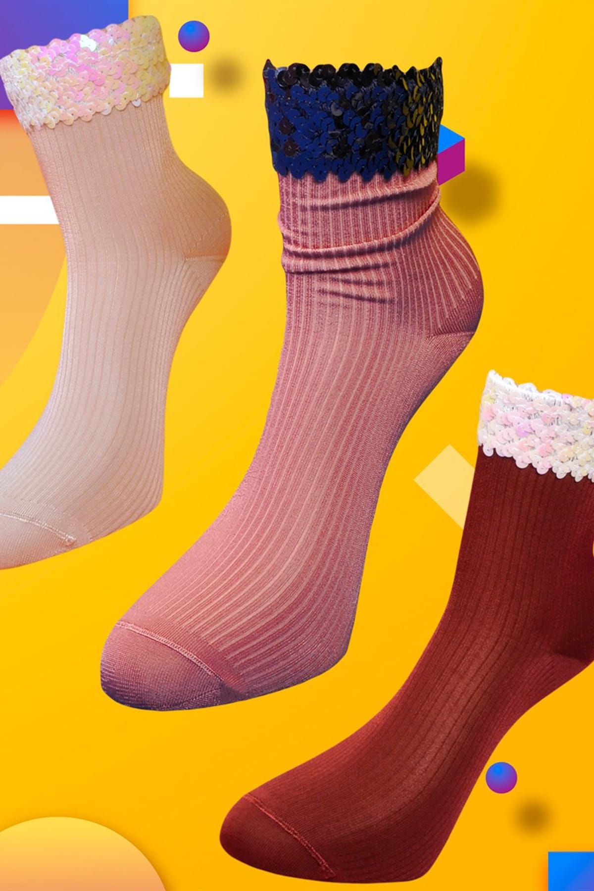 Socks Academy Payetli Krem Gül Kurusu Bordo Floş Çorap Üçlü Kutu