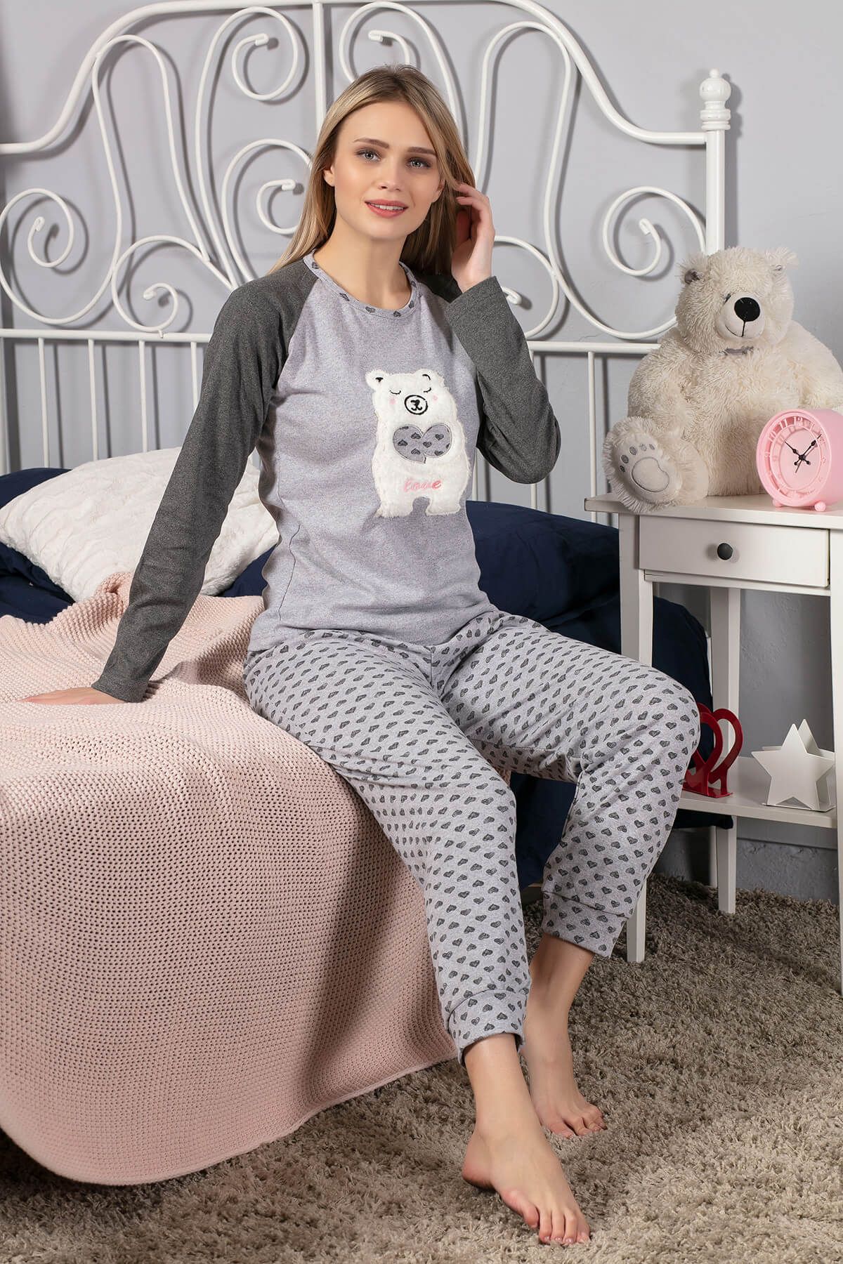 Strawberry Kadın Gri Melanj Pamuklu Uzun Kollu İnterlok Pijama Takım