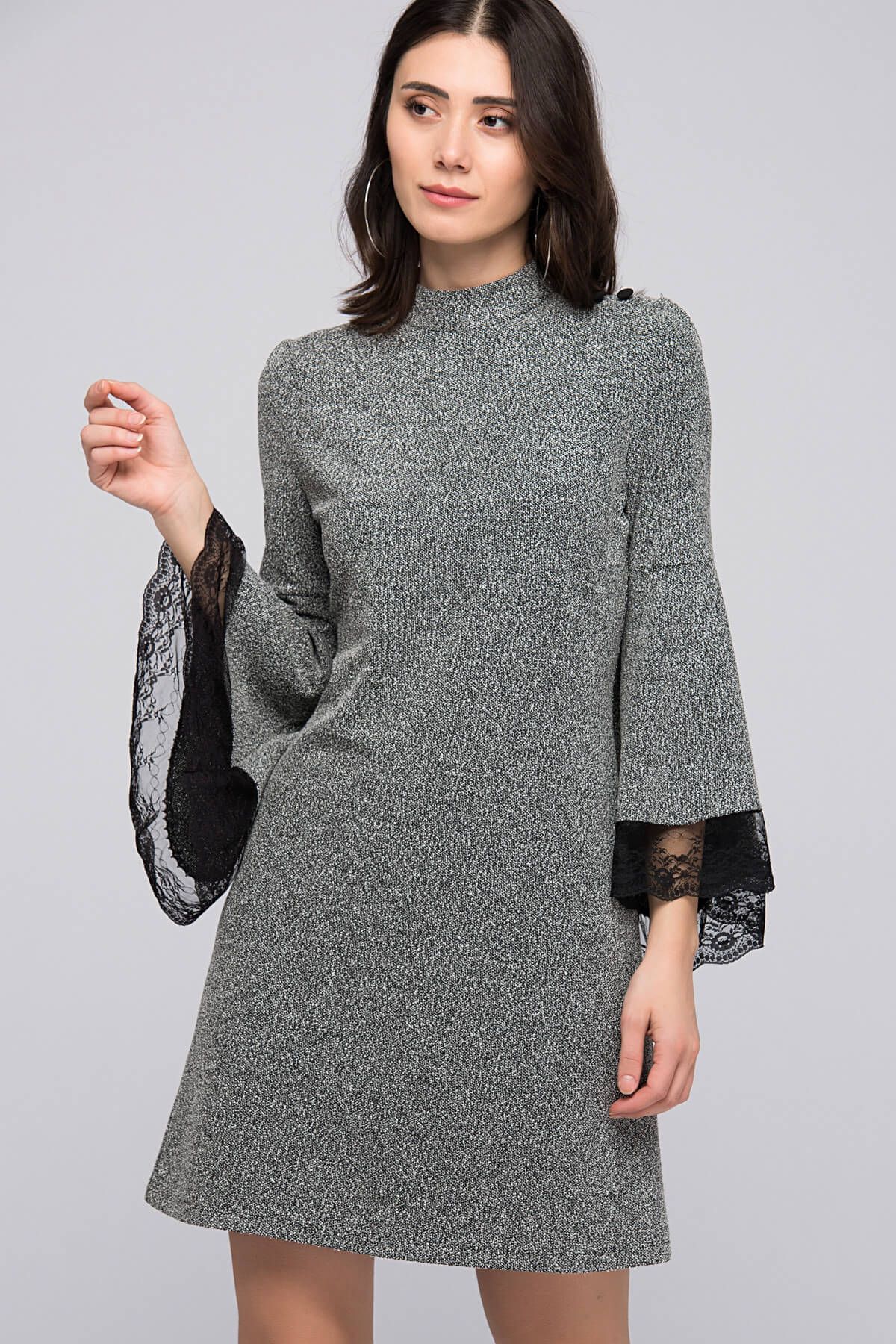 İroni Kadın Siyah Buklet Volanlı Tunik Elbise 3945-981