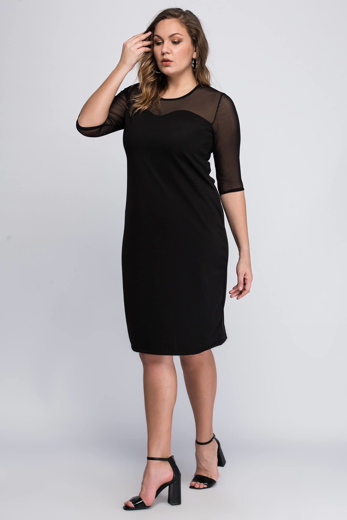 Curvy Kadın Siyah Tül Detaylı Elbise FBR0026