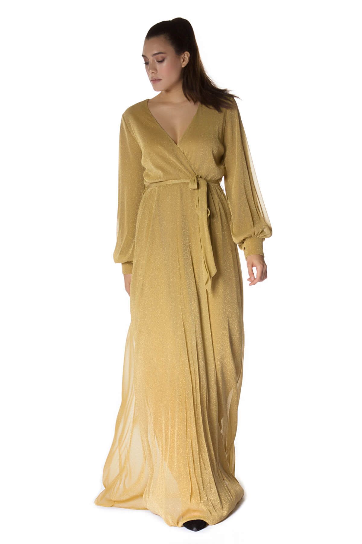6ixty8ight Kadın Gold Kruvaze Simli Uzun Abiye Elbise S56519