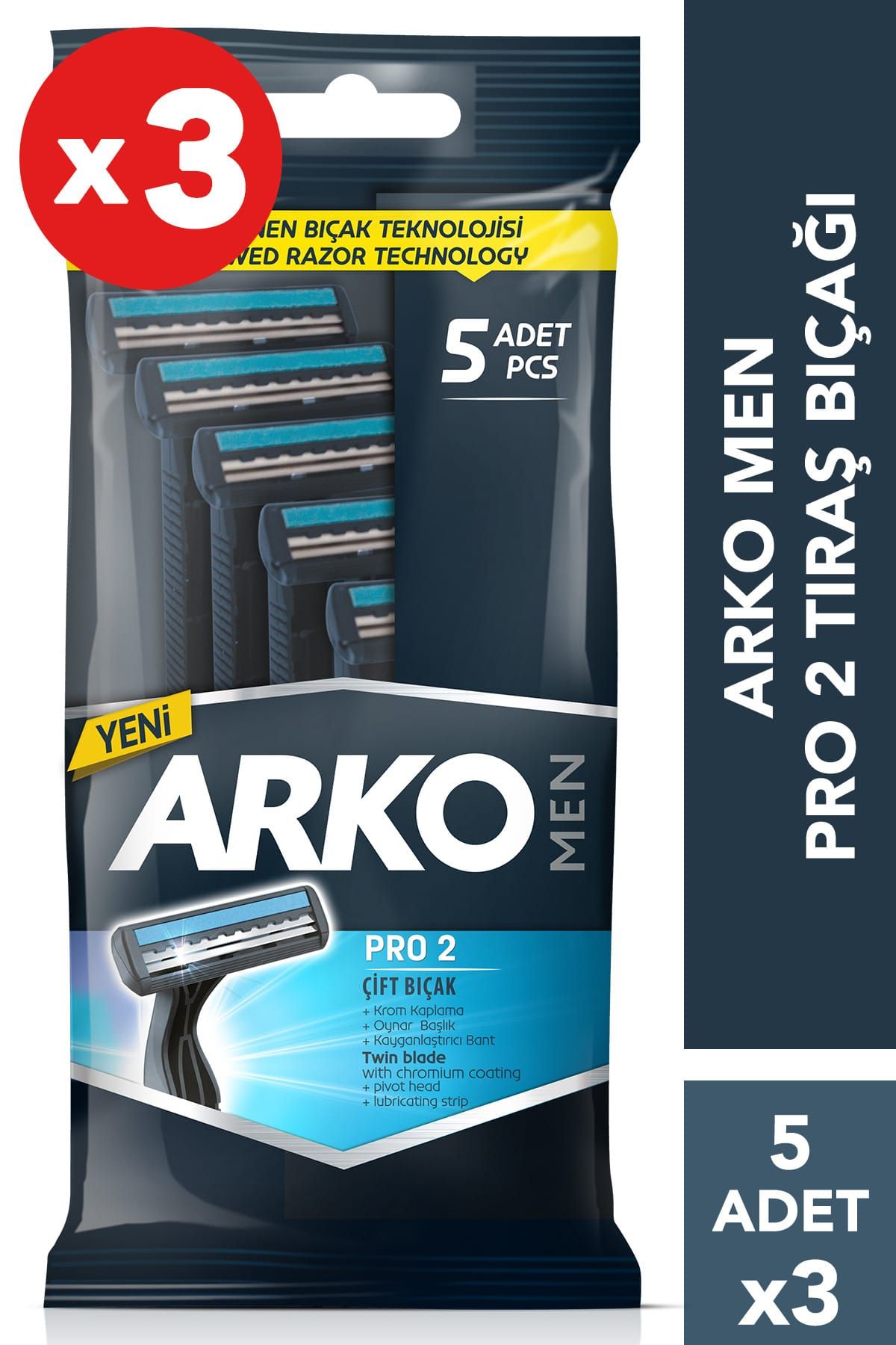Arko 3 Adet T2 Pro Çift Bıçaklı Tıraş Bıçağı 5'Li (3X5'Li Paket)