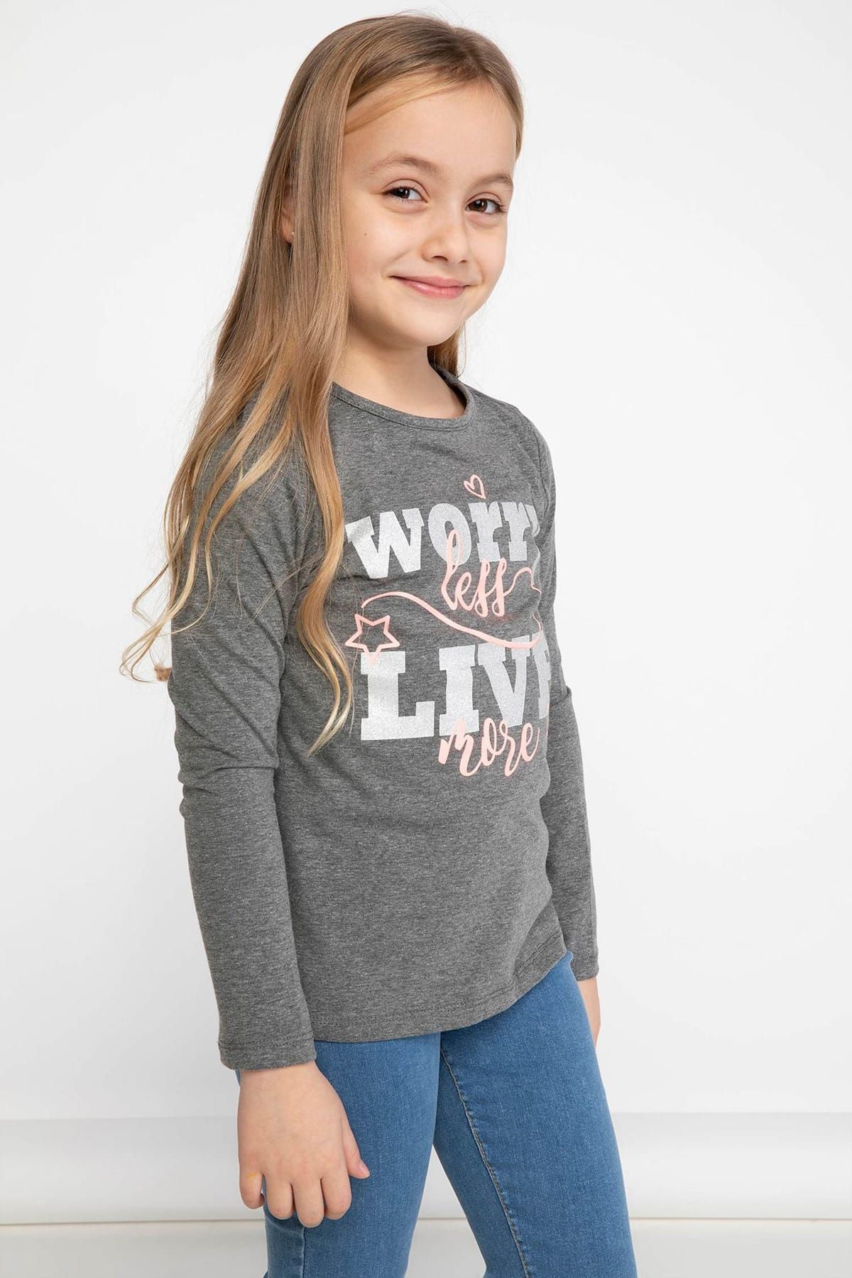 Defacto Antrasit Genç Kız Slogan Baskılı Uzun Kollu T-Shirt