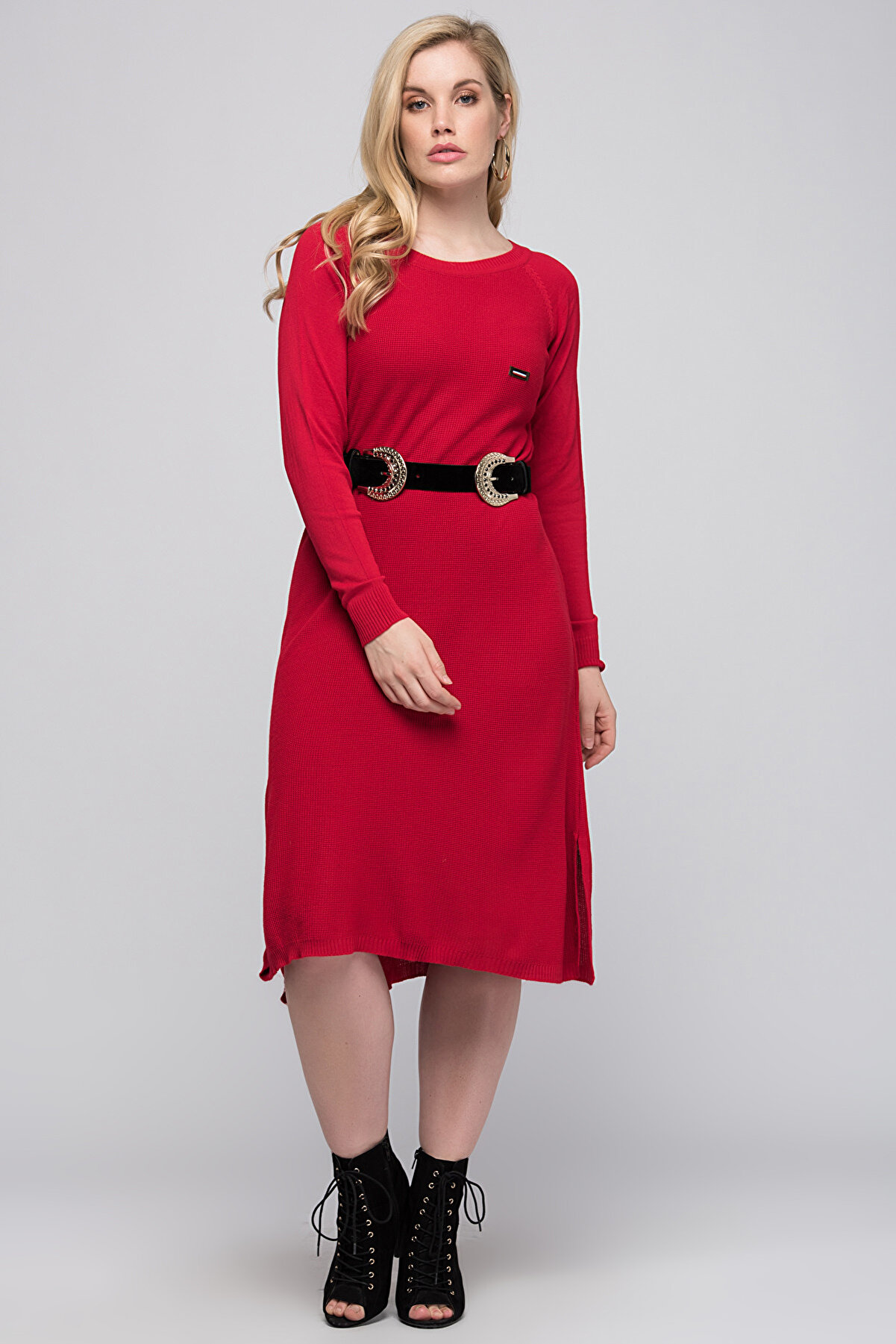 Curvy Kadın Kırmızı Yuvarlak Yaka Triko Elbise SY0141