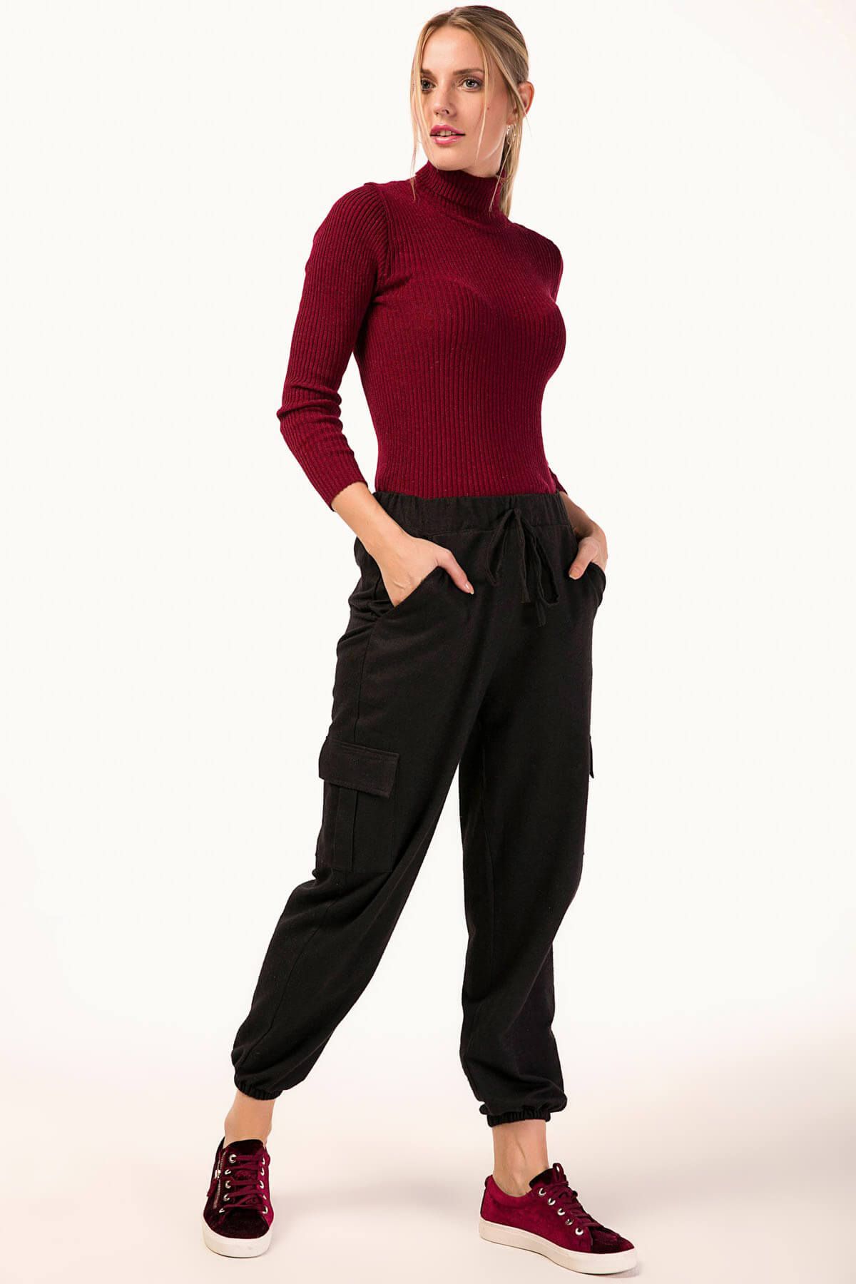 armonika Kadın Siyah Beli Lastikli Kaşe Kargo Pantolon ARM-19K001036