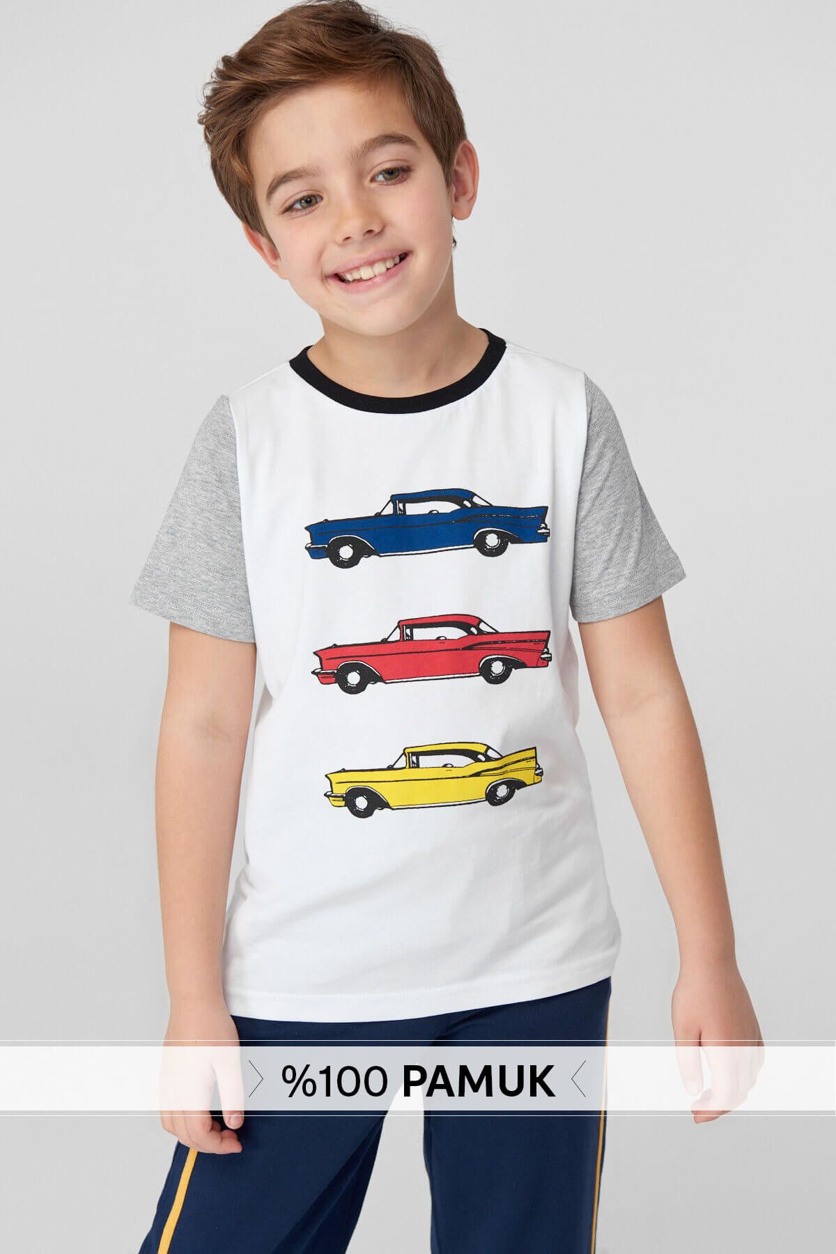 TRENDYOLKIDS Beyaz Renkli Araba Baskılı Erkek Çocuk T-shirt TKDSS18VL0005
