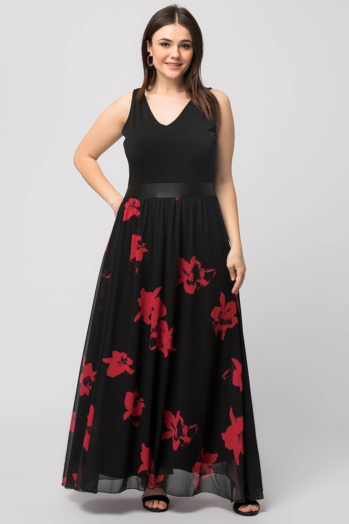Şans Kadın Siyah Çiçek Desenli Elbise 65N6856