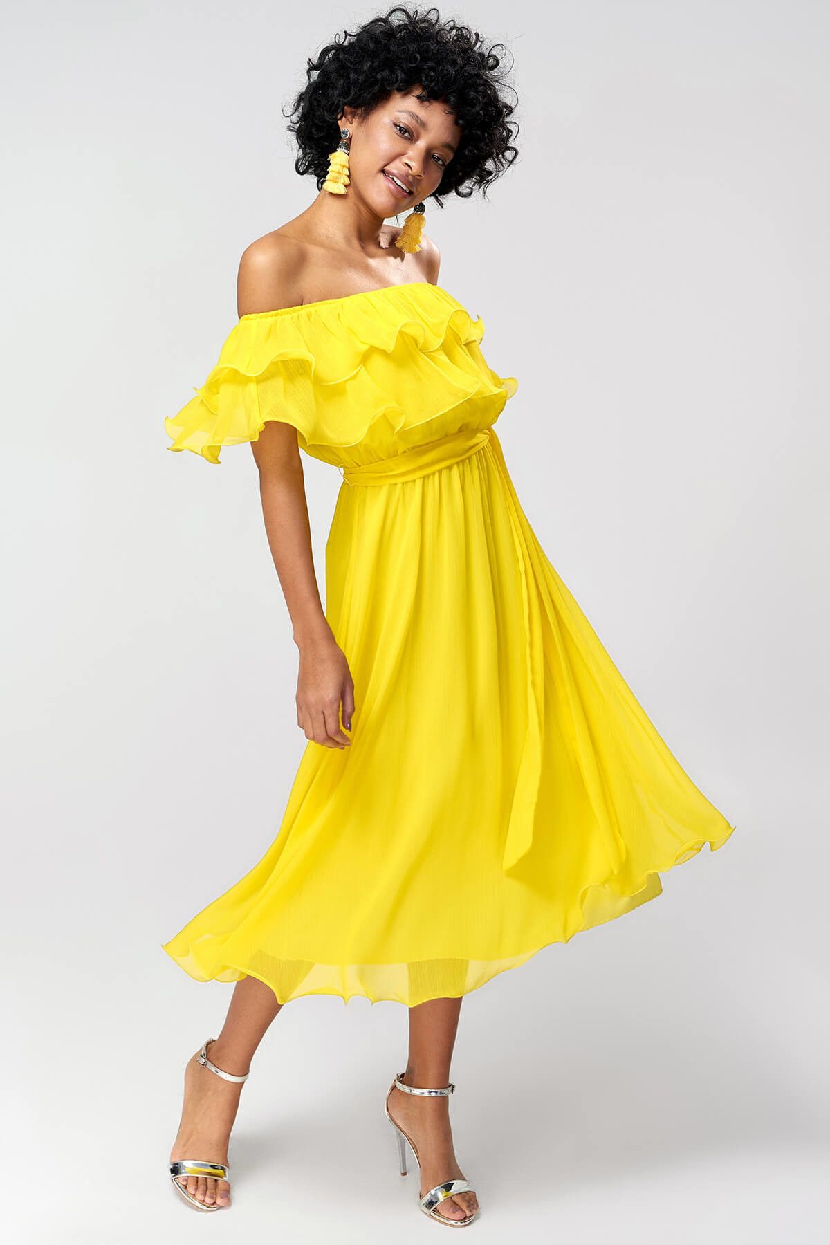 TRENDYOLMİLLA Sarı Carmen Yaka Elbise TPRAW18FZ0303