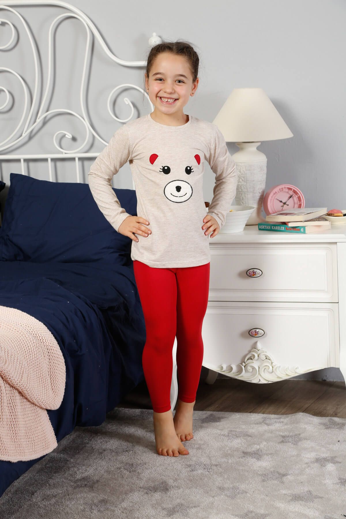 ELİTOL Kız Çocuk Bej Melanj Pamuklu Likralı Nakışlı Pijama Takımı
