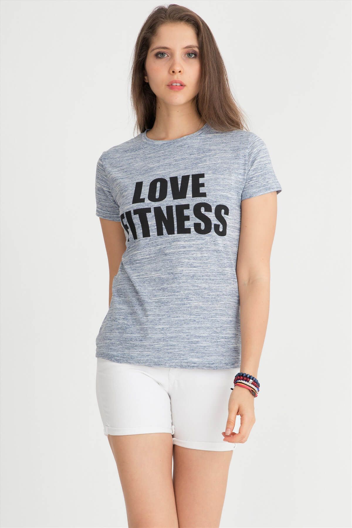 Senin Modan Kadın Lacivert Love Fitness Baskılı Flamlı T-Shirt 19200