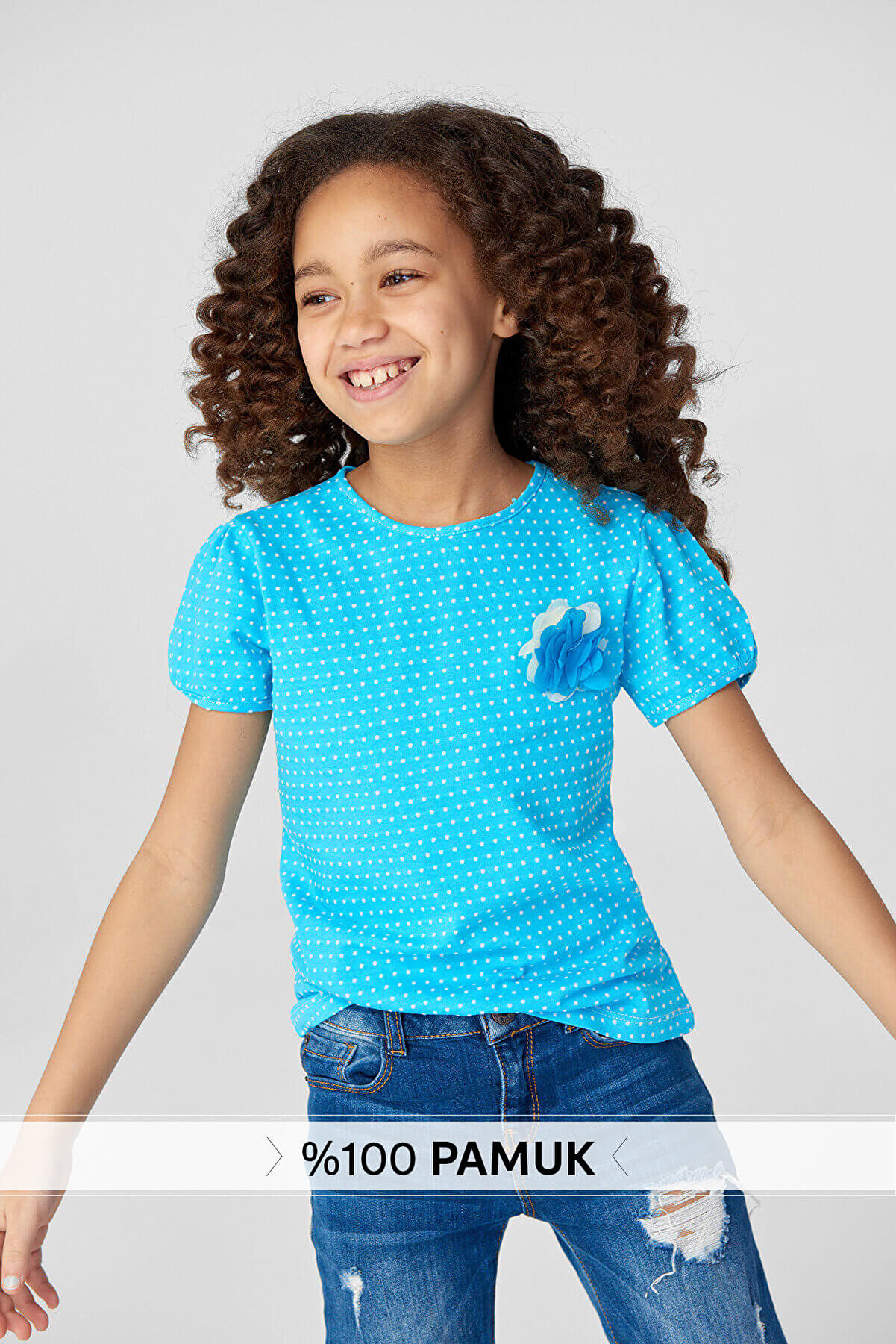 TRENDYOLKIDS Mavi Minik Puantiyeli Kız Çocuk T-shirt TKDSS18NN0052