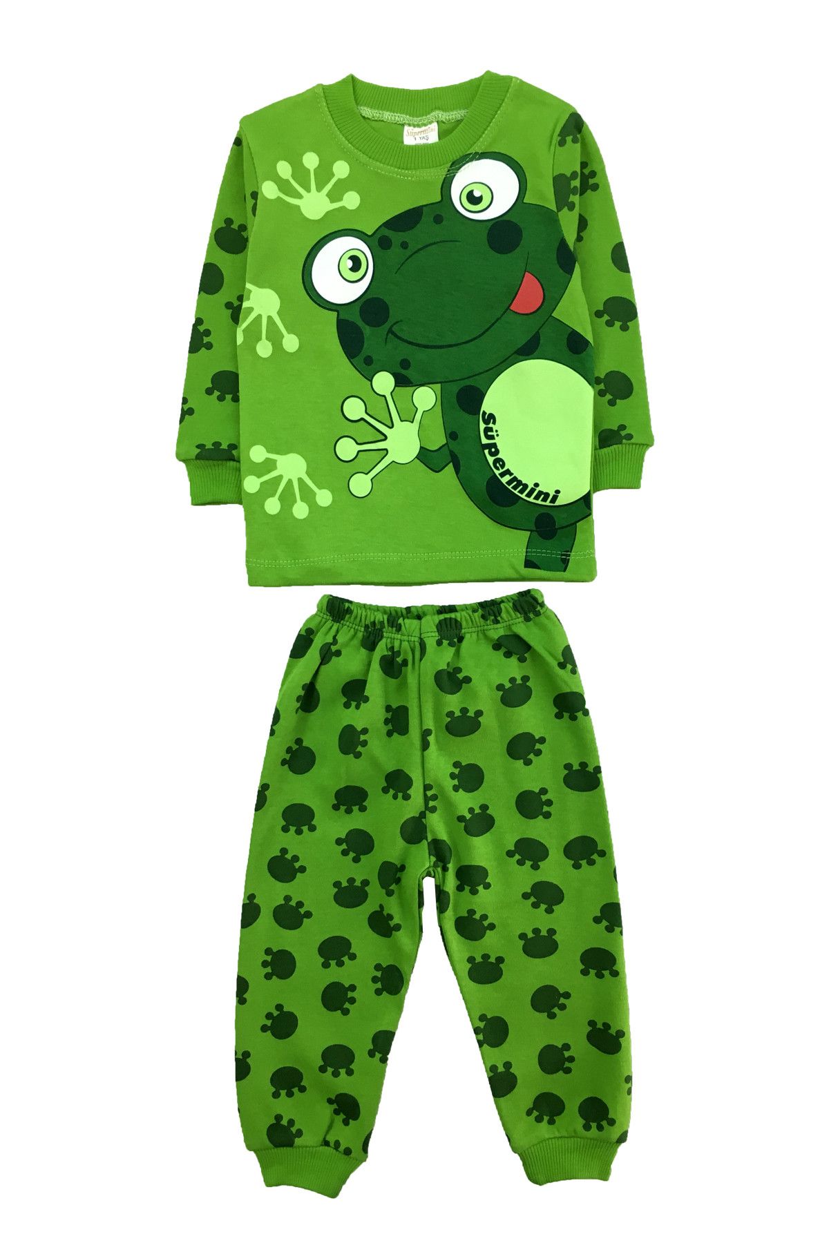 Minisse Yeşil Unısex Çocuk Kurbağa Detaylı Pijama Takım A7102