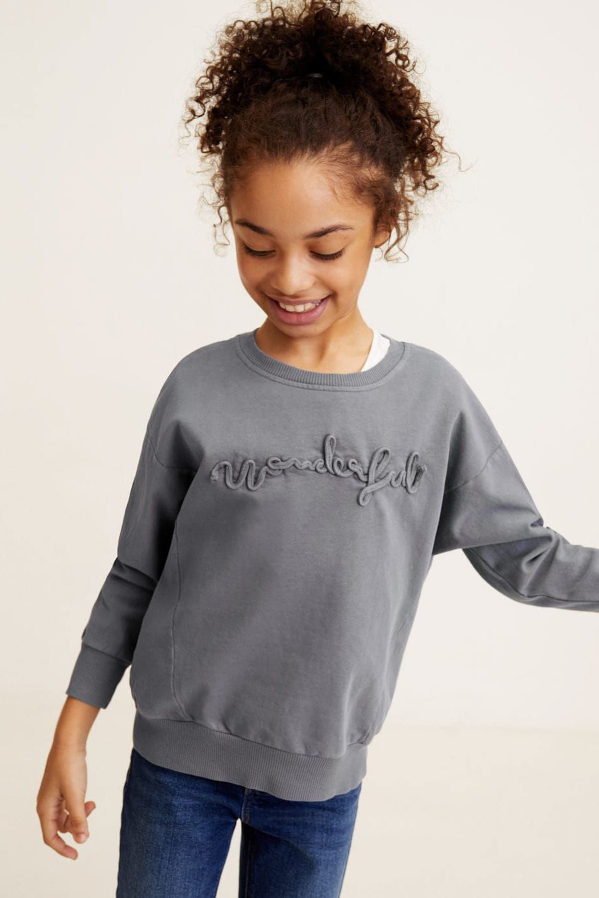 MANGO Kids Gri Kız Çocuk Yazı İşlemeli Sweatshirt 43013032