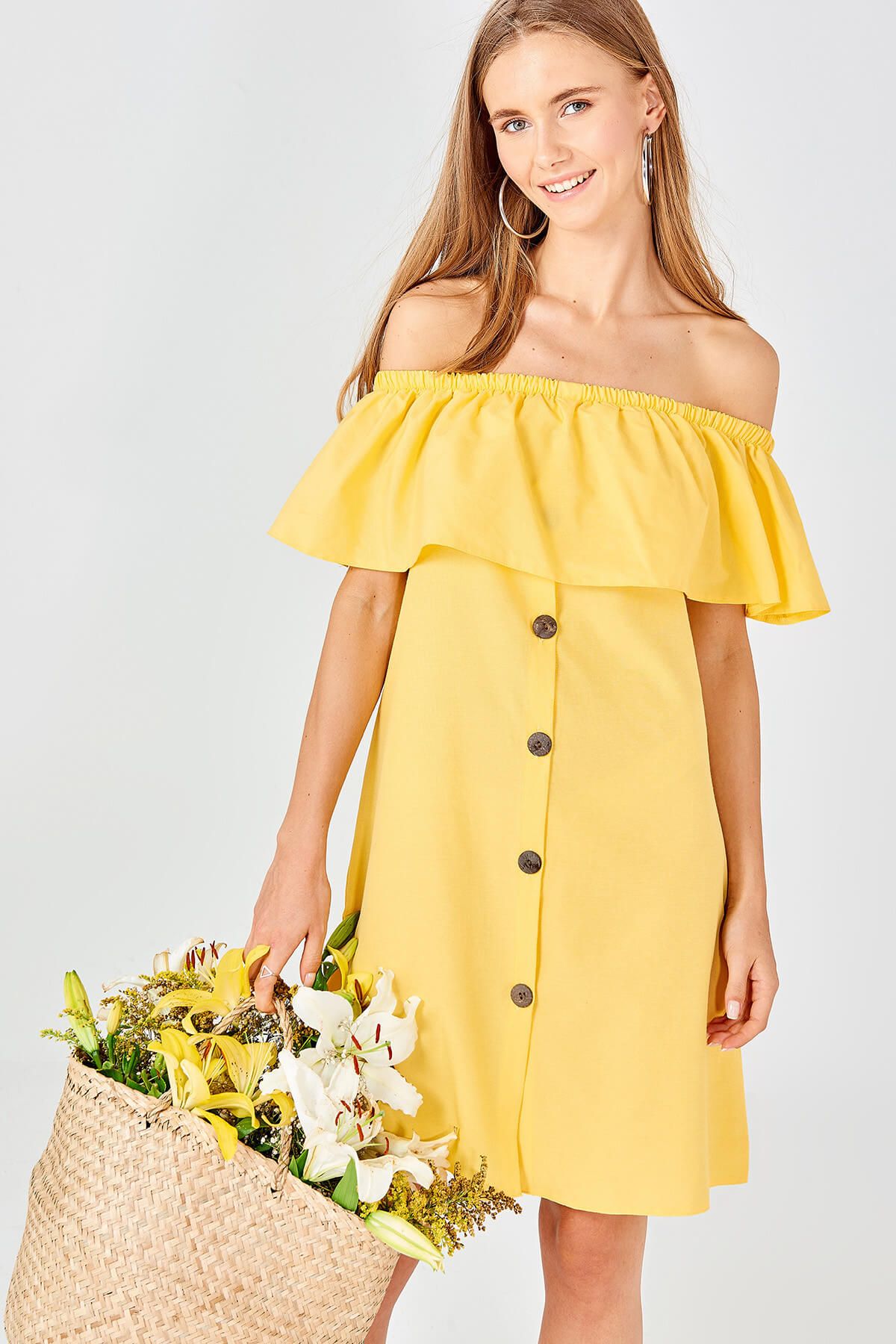 Boutiquen Kadın Sarı Düğmeli Elbise 10949