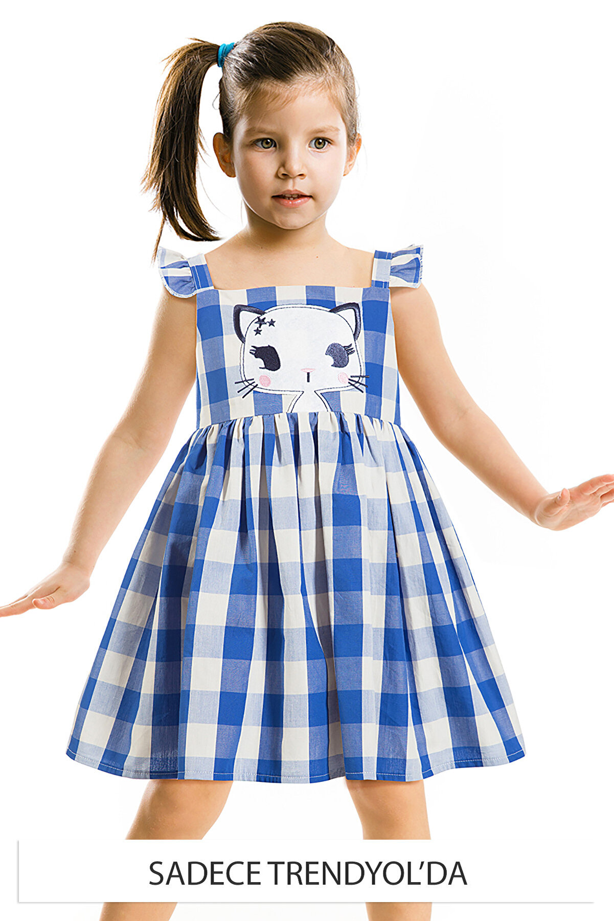 Denokids Mavi Kız Çocuk Yıldız Kedi Ekose Elbise CFF-18Y2-037