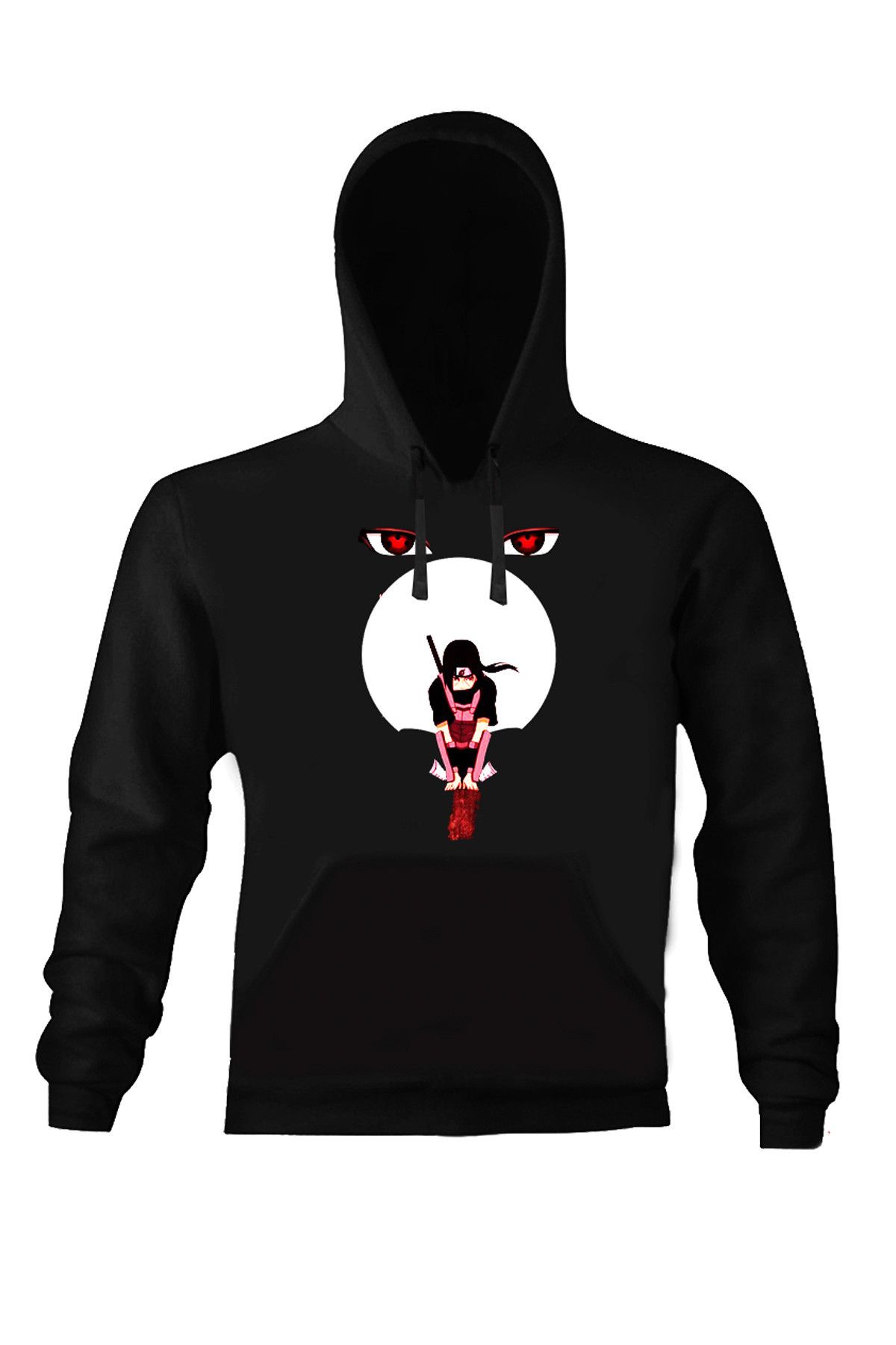 Art T-Shirt Kadın Siyah Naruto Moon Eyes Kapüşonlu Unısex Sweatshirt ART018469W