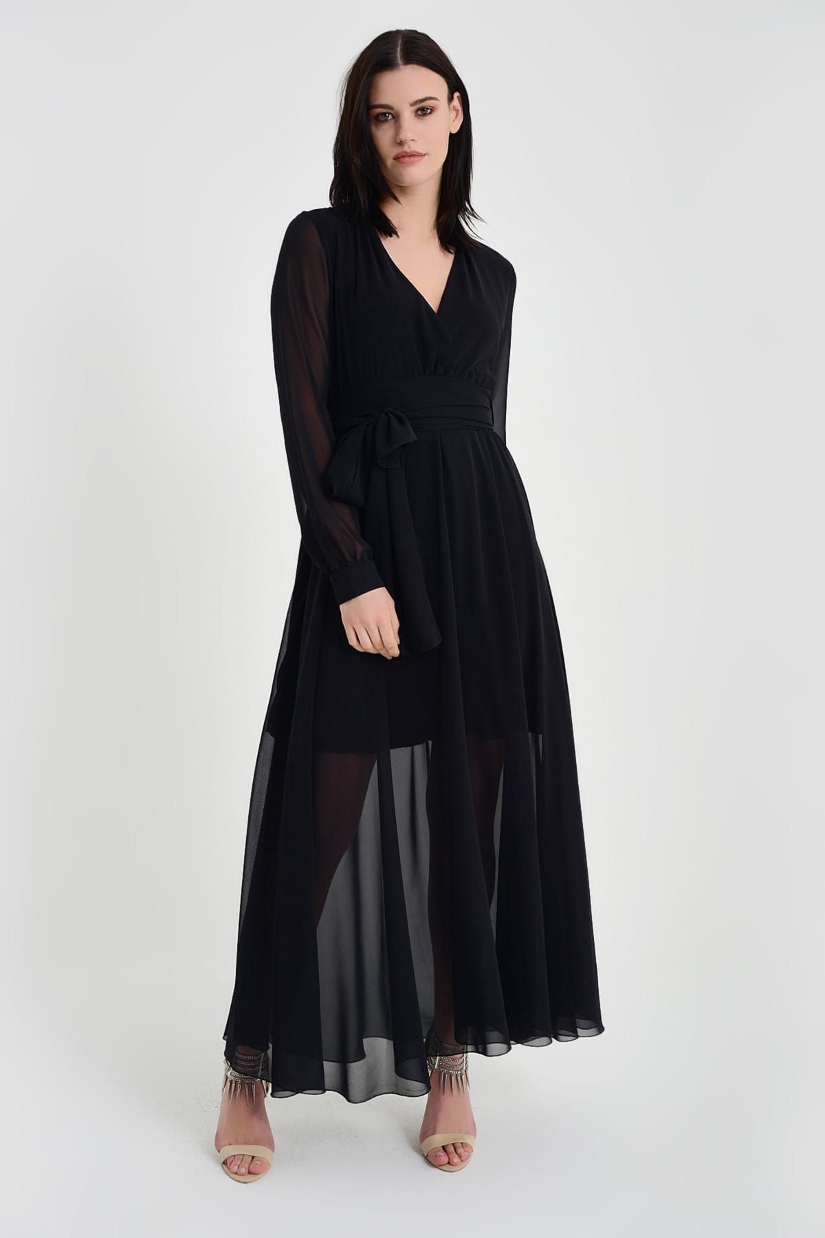 Laranor Kadın Siyah Kruvaze Yaka Şifon Elbise 19L6660