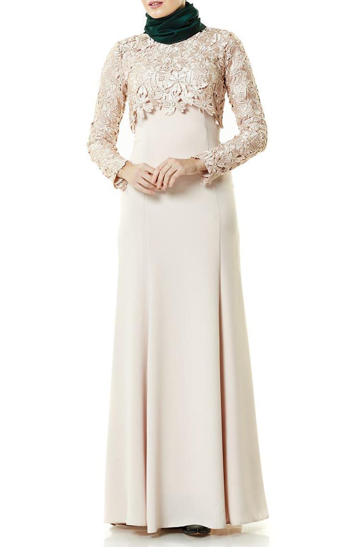Fashion Night Kadın Güpür Detaylı Abiye Elbise Pudra 2260-41