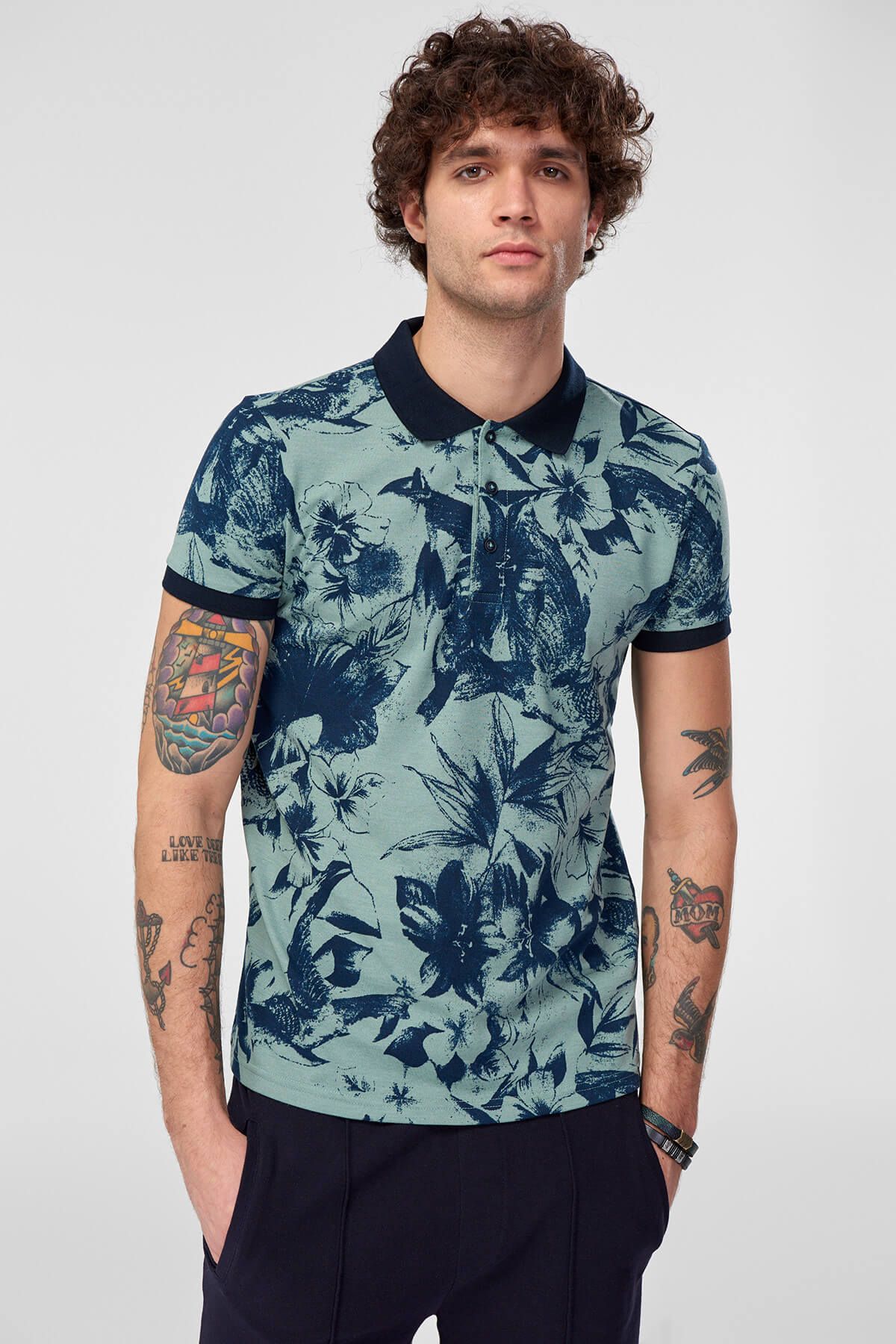 TRENDYOL MAN Mint Erkek T-Shirt - Polo Yaka Floral Desenli
