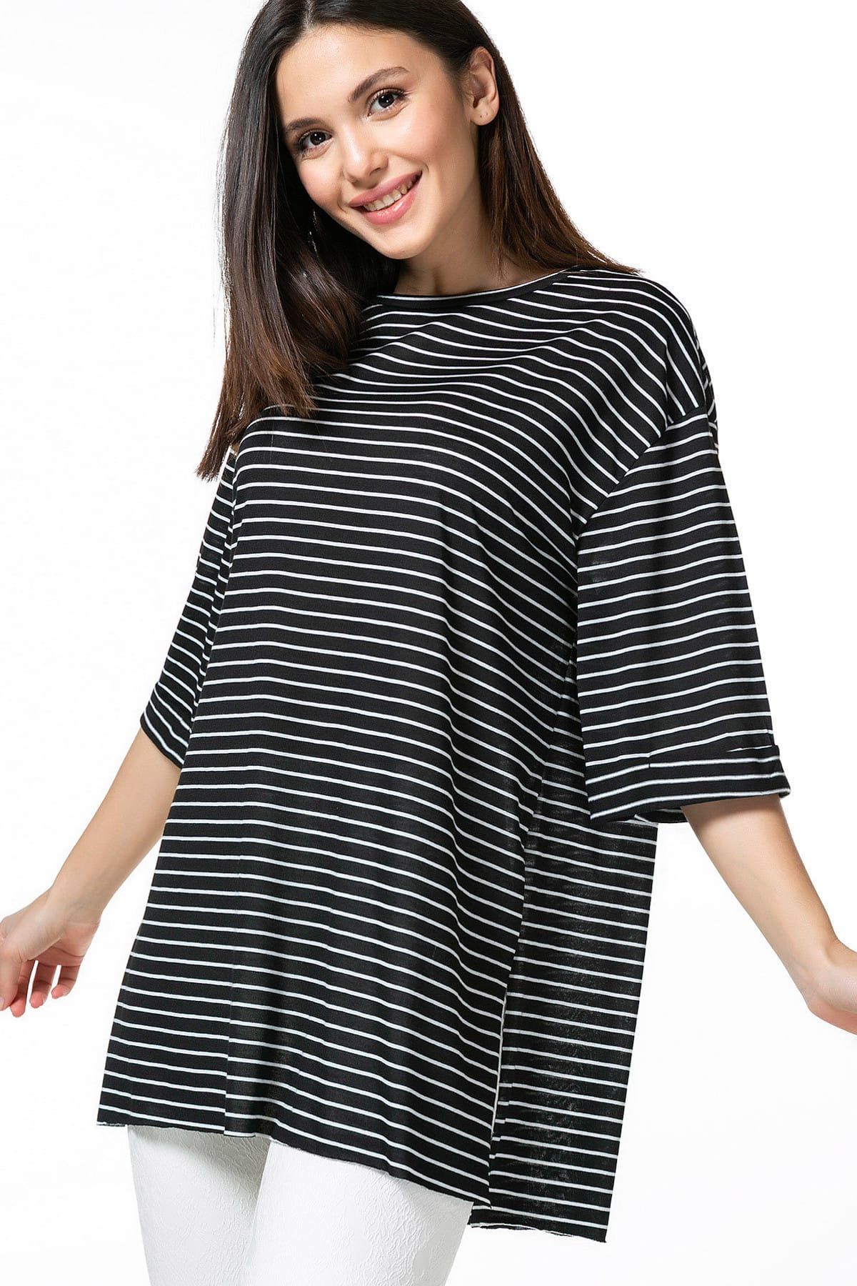 Sateen Kadın Çizgili Yırtmaçlı Salaş T-shirt 9YTS529K104