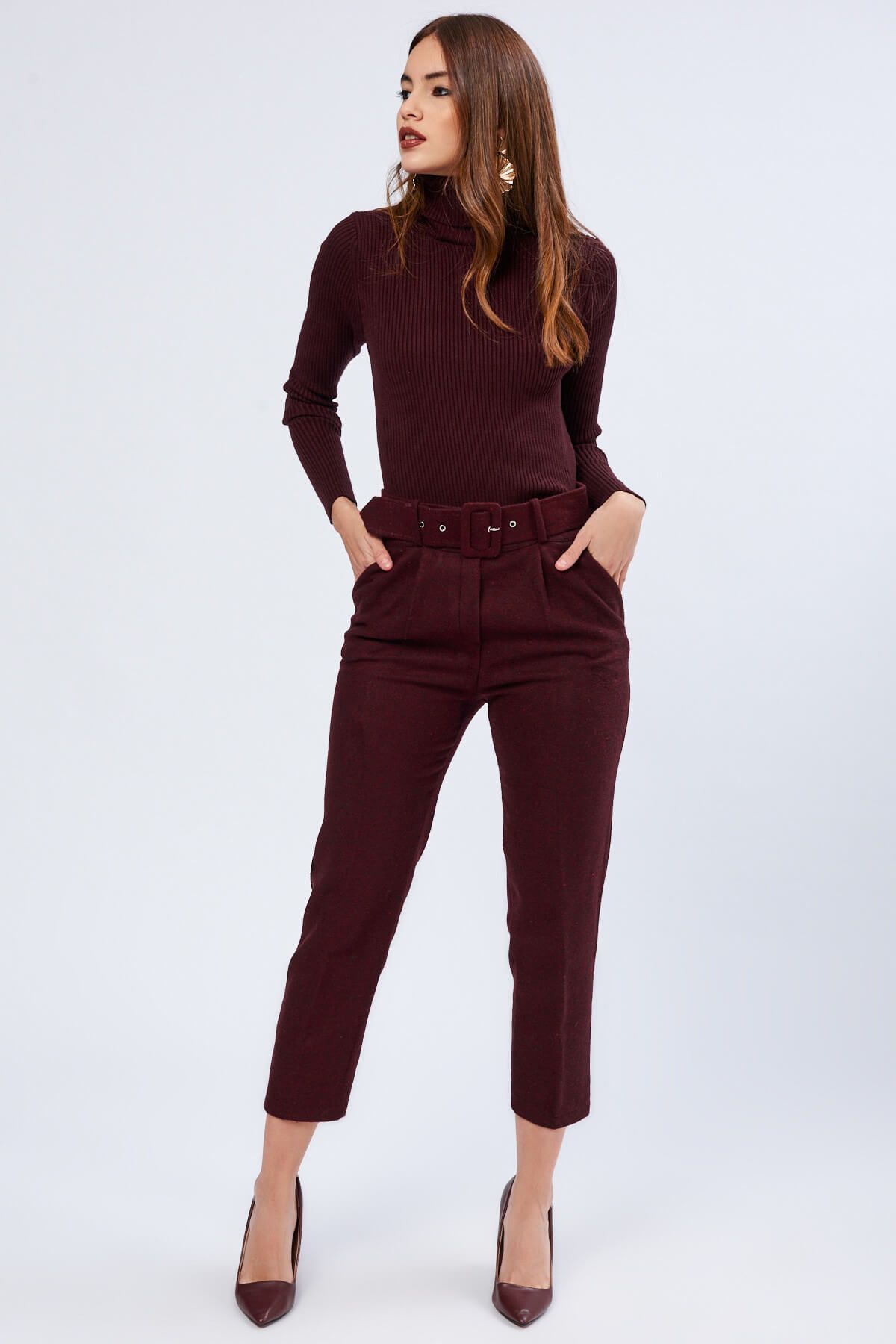 Cool & Sexy Kadın Bordo Kaşe Kemerli Pantolon SS14