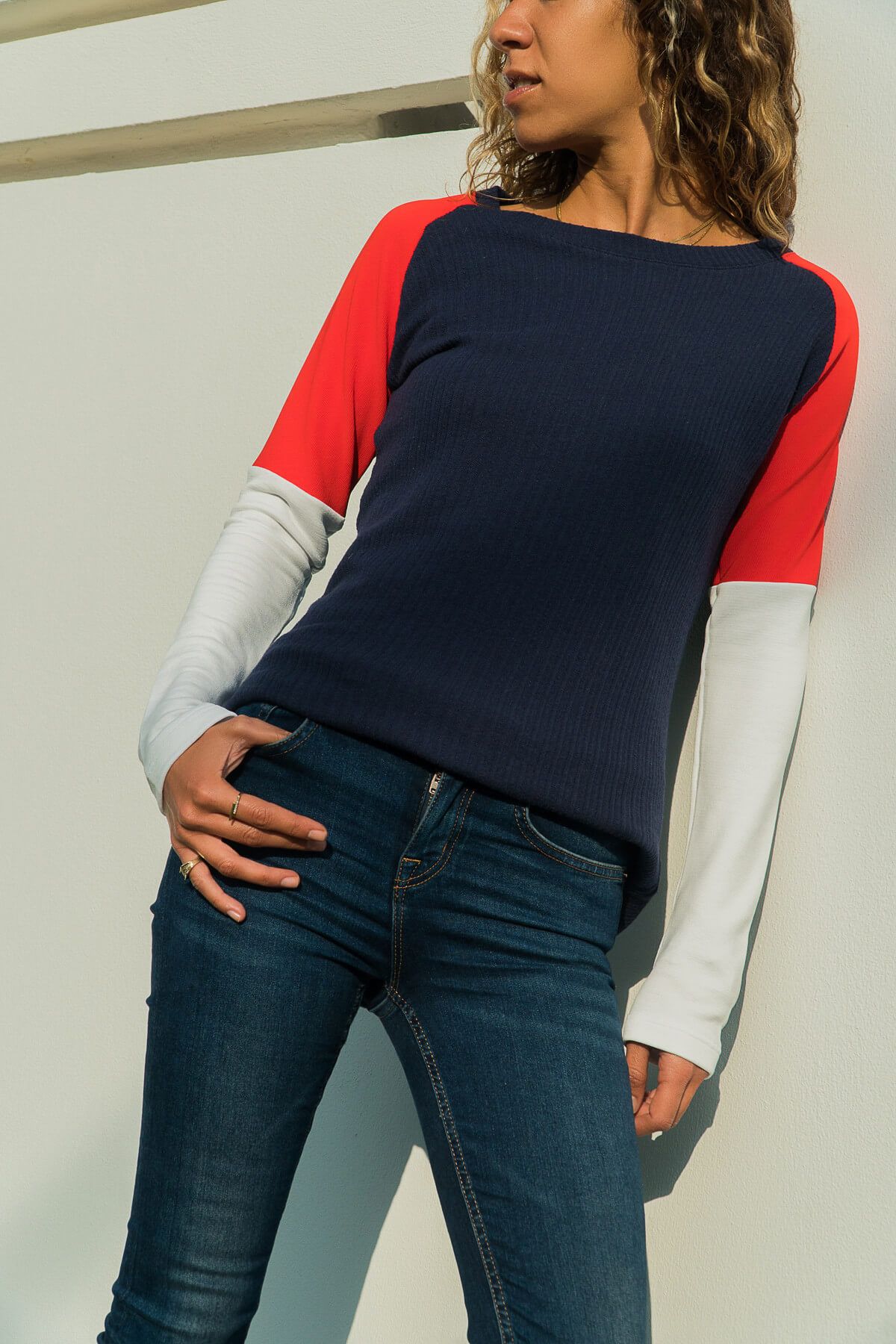 Trend Alaçatı Stili Kadın Lacivert Raglan Kol Bloklu Bluz ALC-017-006-C