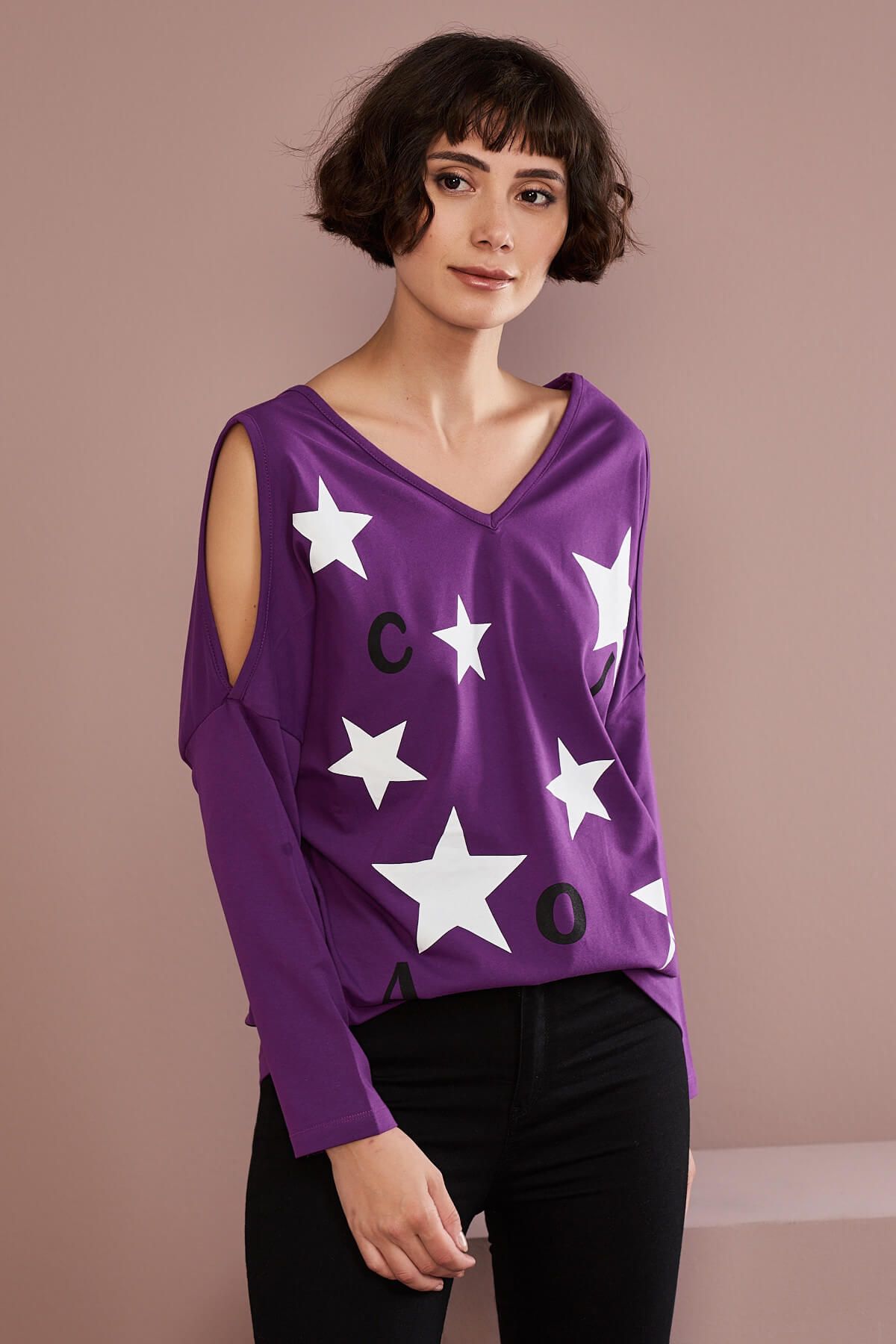 Olgun Orkun Kadın Mor Ön Arka V Yaka Yıldızlı Sweatshirt O&O-9K189002