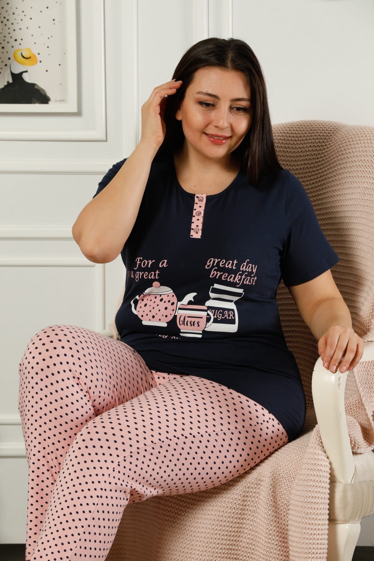 ELİTOL Kadın Lacivert Pamuklu Likralı Battal Pijama Takım