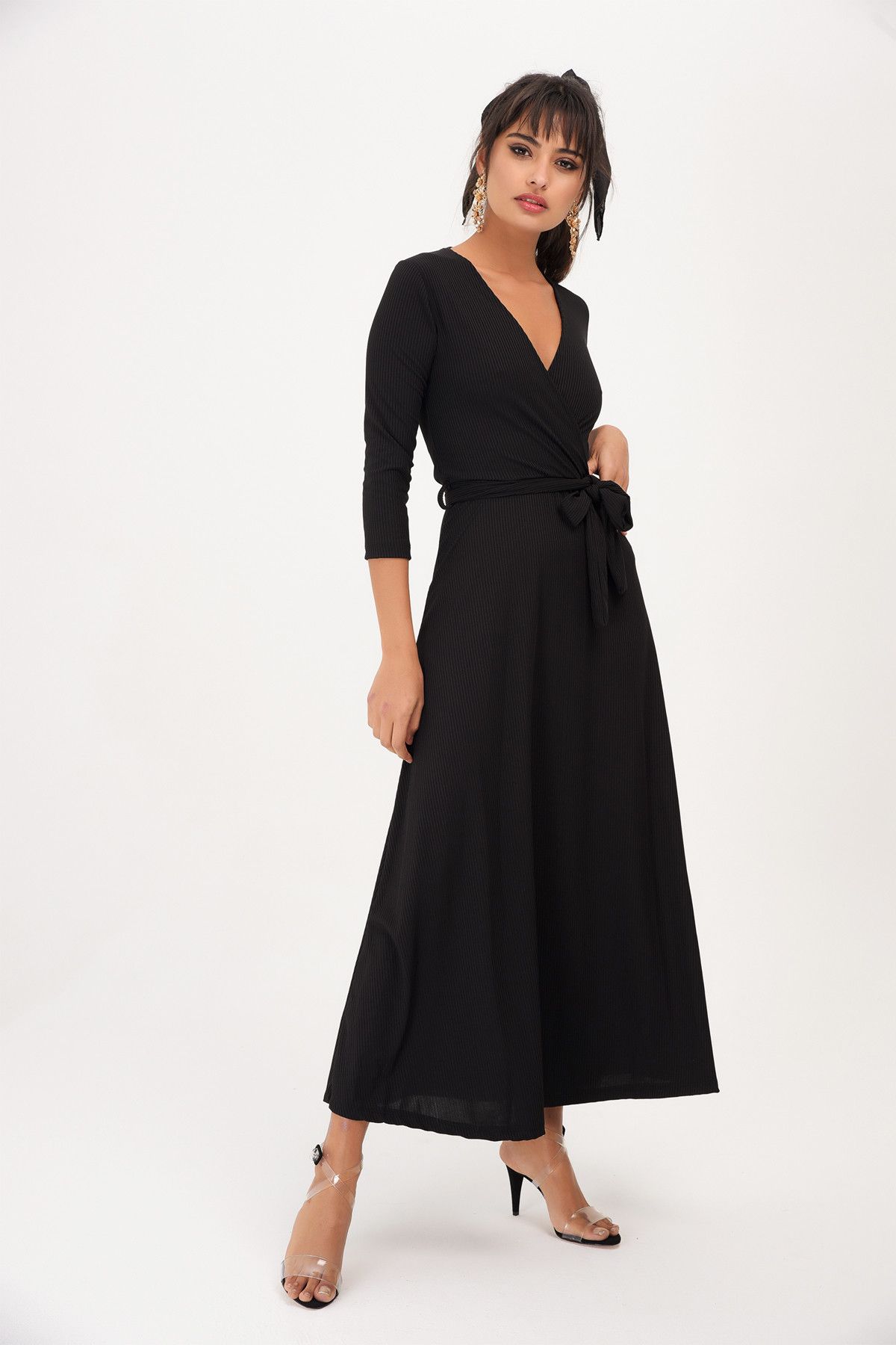 Cool & Sexy Kadın Siyah Kruvaze Kaşkorse Elbise SB22