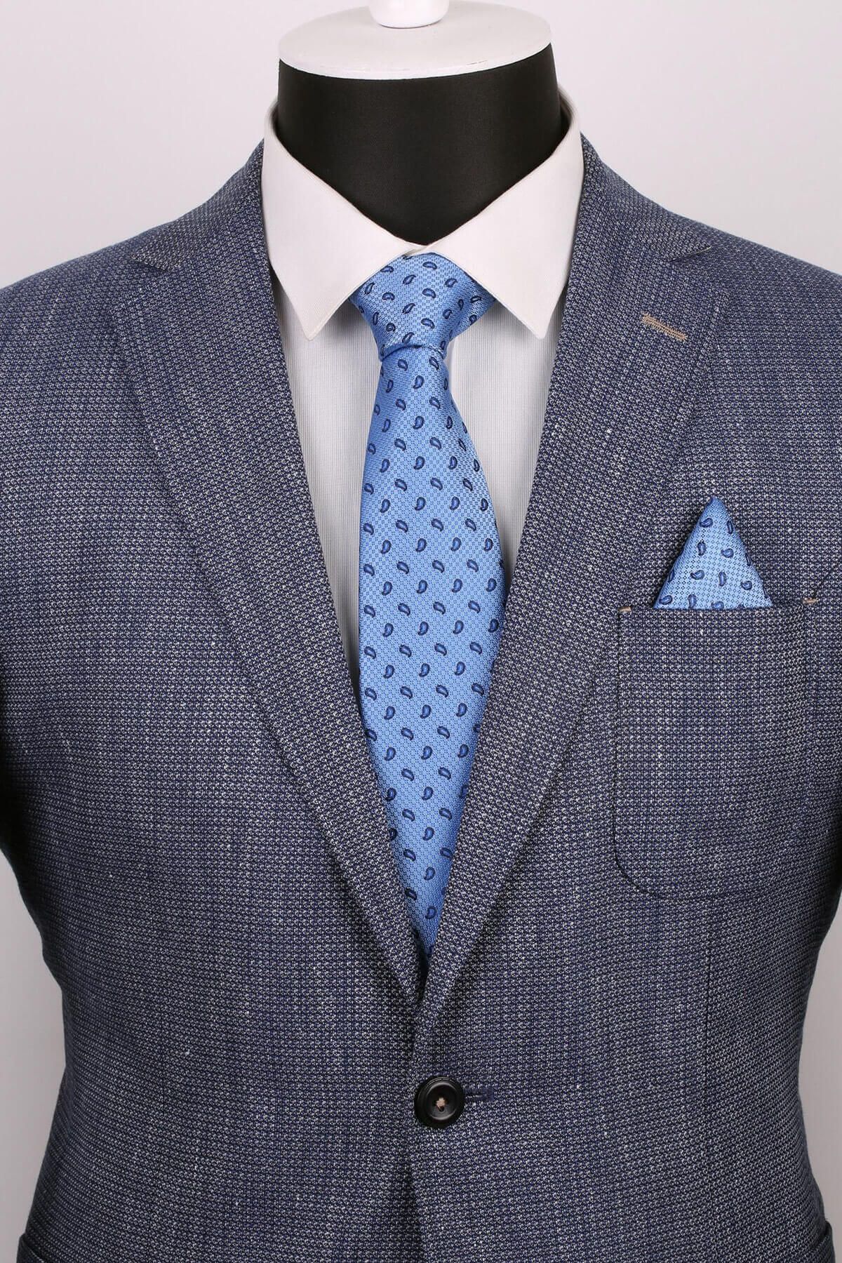 La Pescara Mavi Şal Desen Mendilli Klasik Kravat 2489