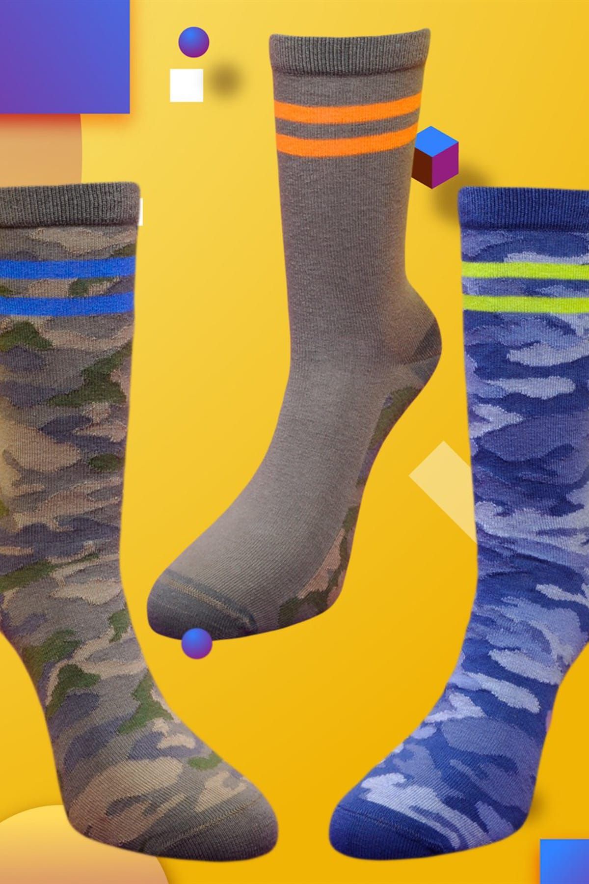 Socks Academy Mavi Turuncu Sarı Çizgili Kamuflaj Desenli Çorap Üçlü Kutu