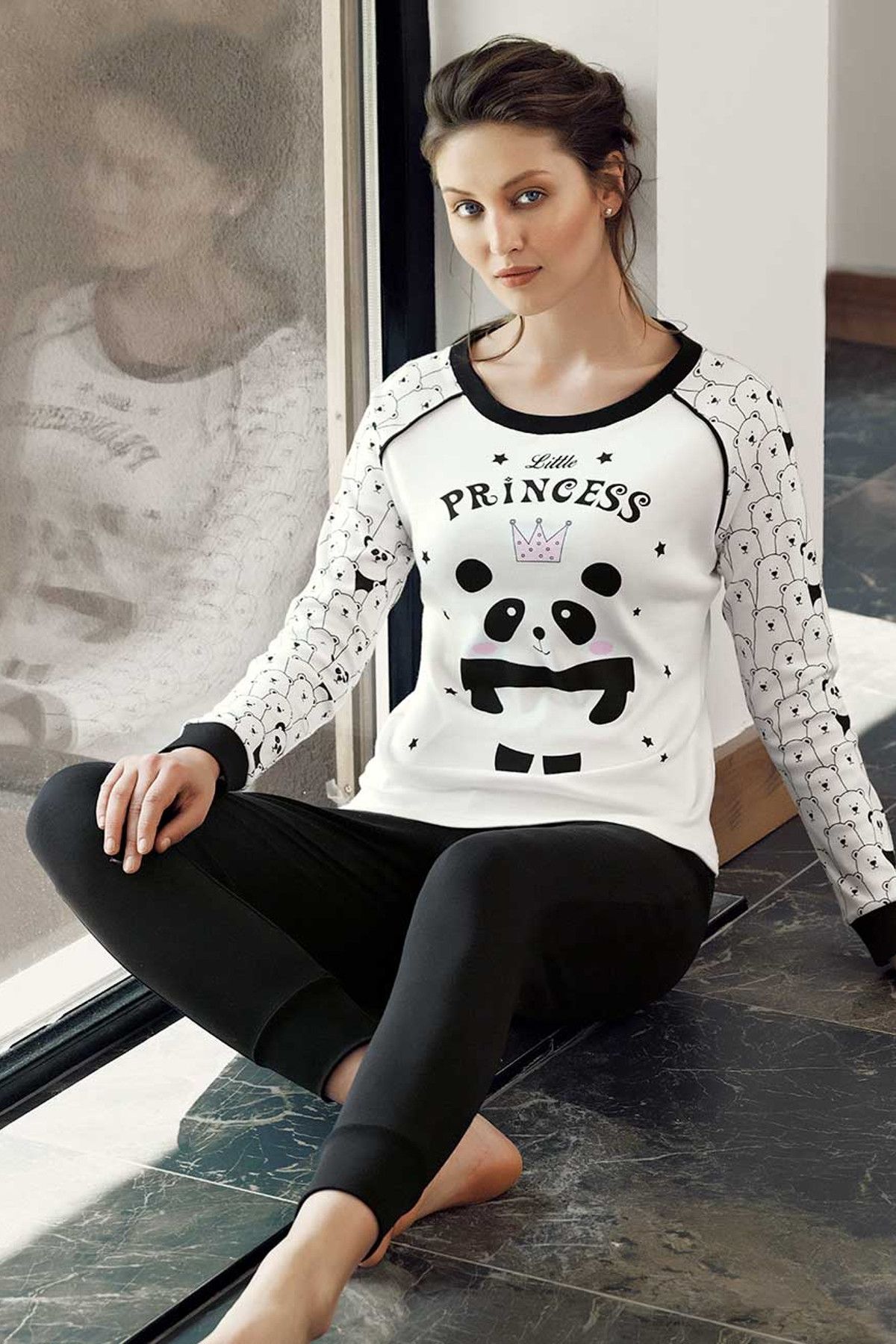 Şahinler Kadın Beyaz Panda Baskılı Pijama Takımı  MBP24309-1